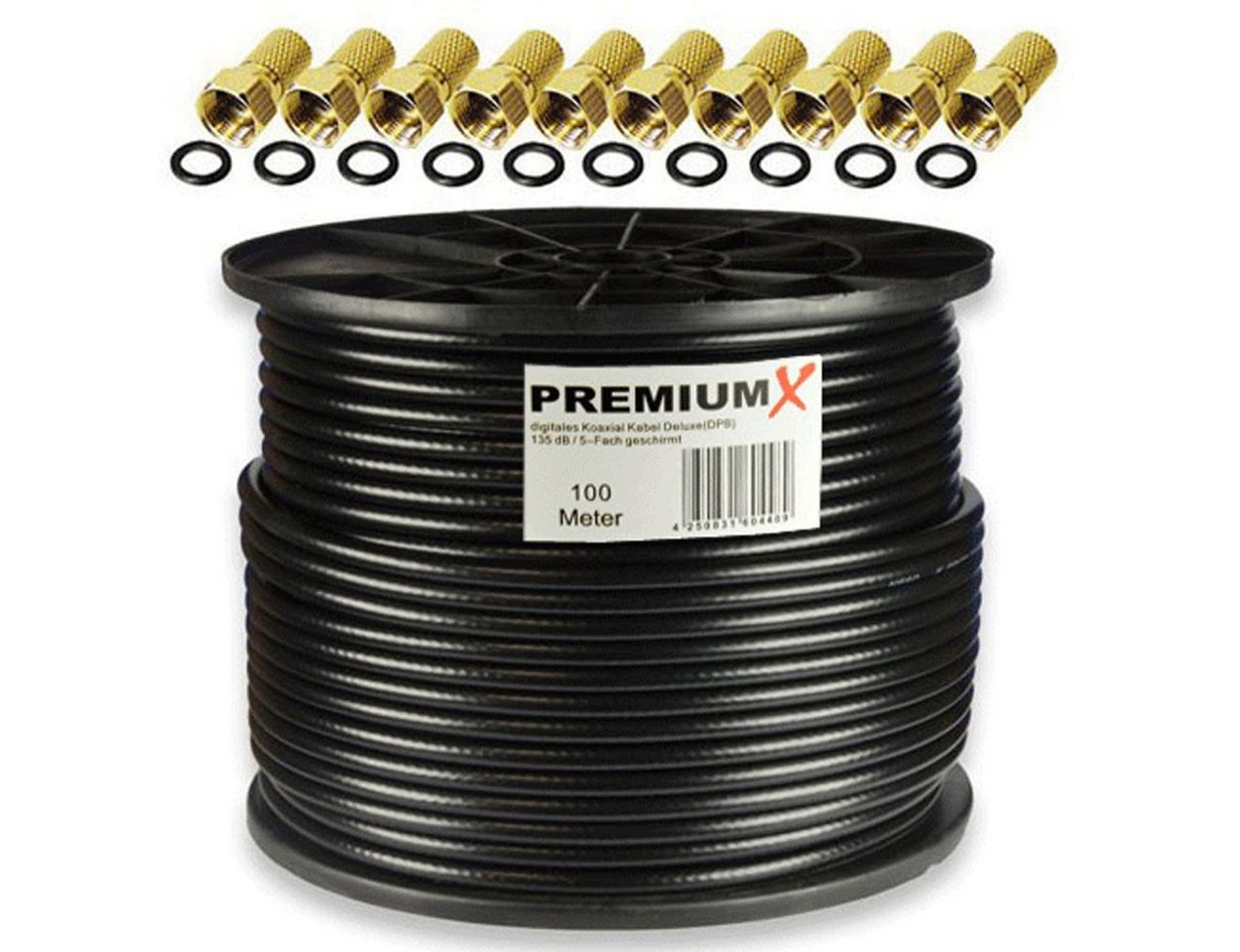 PremiumX 100m DELUXE PRO Koaxialkabel Schwarz 135dB 5-Fach Kupfer 10x F-Stecker SAT-Kabel PremiumX 100m DELUXE PRO Koaxialkabel Schwarz 135dB 5-Fach Kupfer 10x F-Stecker SAT-Kabel von PremiumX