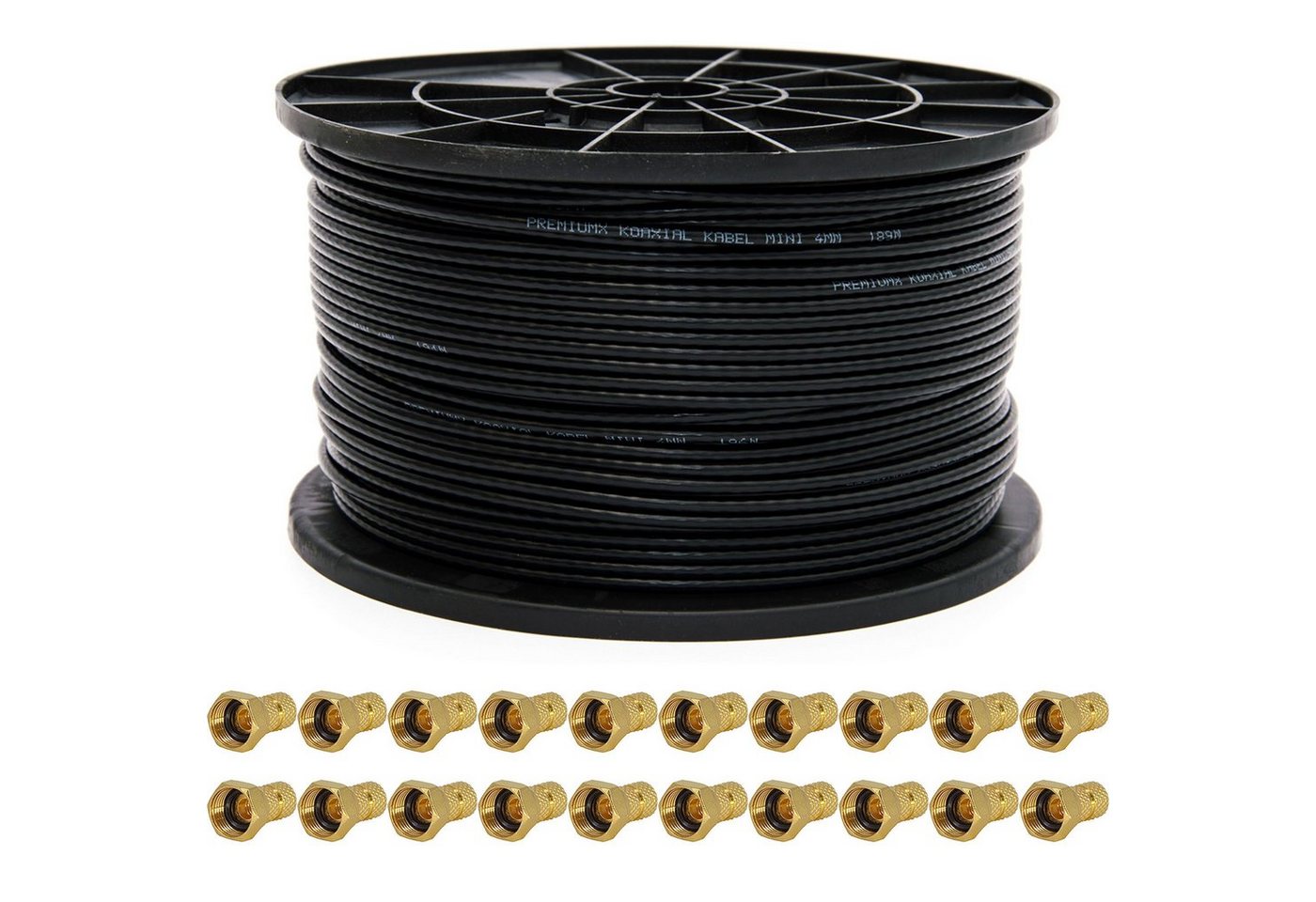 PremiumX 100m Mini Koaxial Sat Kabel 4mm Schwarz Koax 2-fach 20x F-Stecker TV-Kabel PremiumX 100m Mini Koaxial Sat Kabel 4mm Schwarz Koax 2-fach 20x F-Stecker TV-Kabel von PremiumX