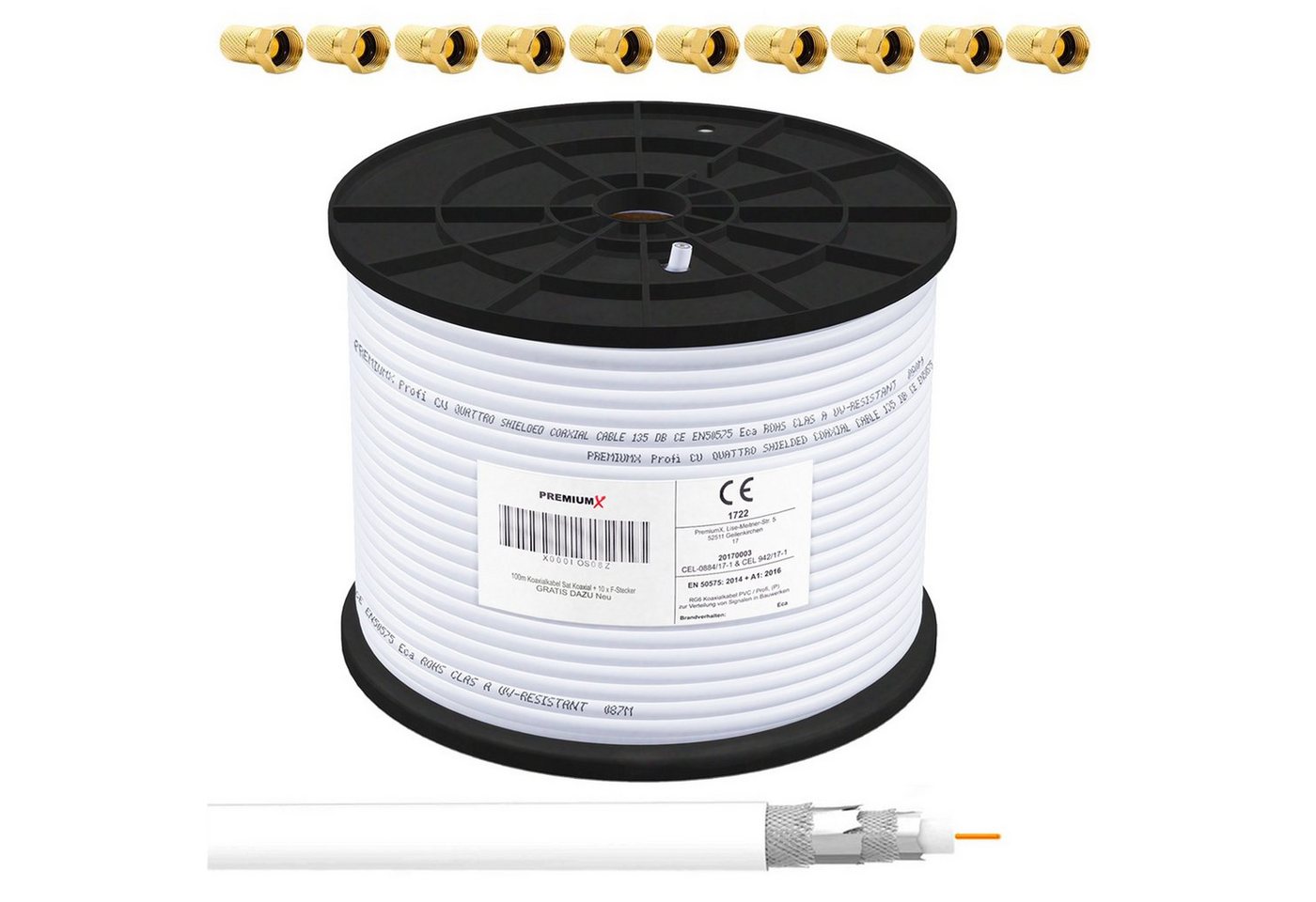 PremiumX 100m PROFI Koaxialkabel 135dB CU 4-fach Antennenkabel 10x F-Stecker SAT-Kabel PremiumX 100m PROFI Koaxialkabel 135dB CU 4-fach Antennenkabel 10x F-Stecker SAT-Kabel von PremiumX