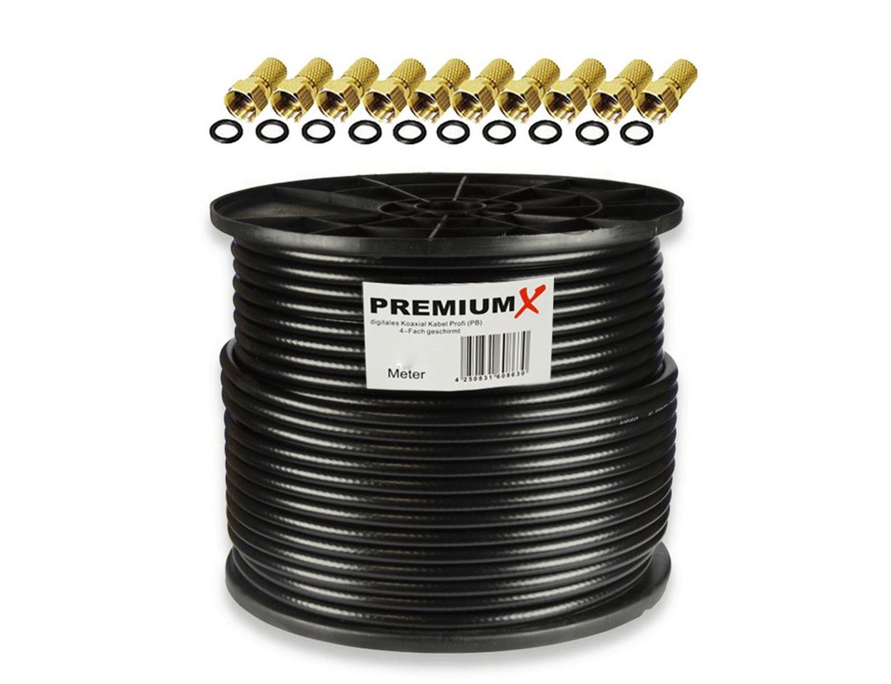 PremiumX 100m PROFI Koaxialkabel Schwarz 135dB 4-fach KUPFER 10x F-Stecker SAT-Kabel PremiumX 100m PROFI Koaxialkabel Schwarz 135dB 4-fach KUPFER 10x F-Stecker SAT-Kabel von PremiumX