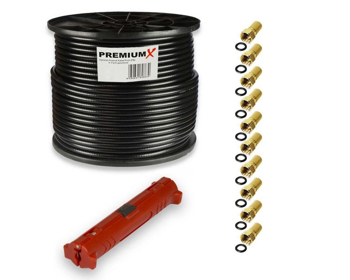 PremiumX 100m PROFI Koaxialkabel Schwarz CU 135dB 10x F-Stecker Abisolierer SAT-Kabel PremiumX 100m PROFI Koaxialkabel Schwarz CU 135dB 10x F-Stecker Abisolierer SAT-Kabel von PremiumX