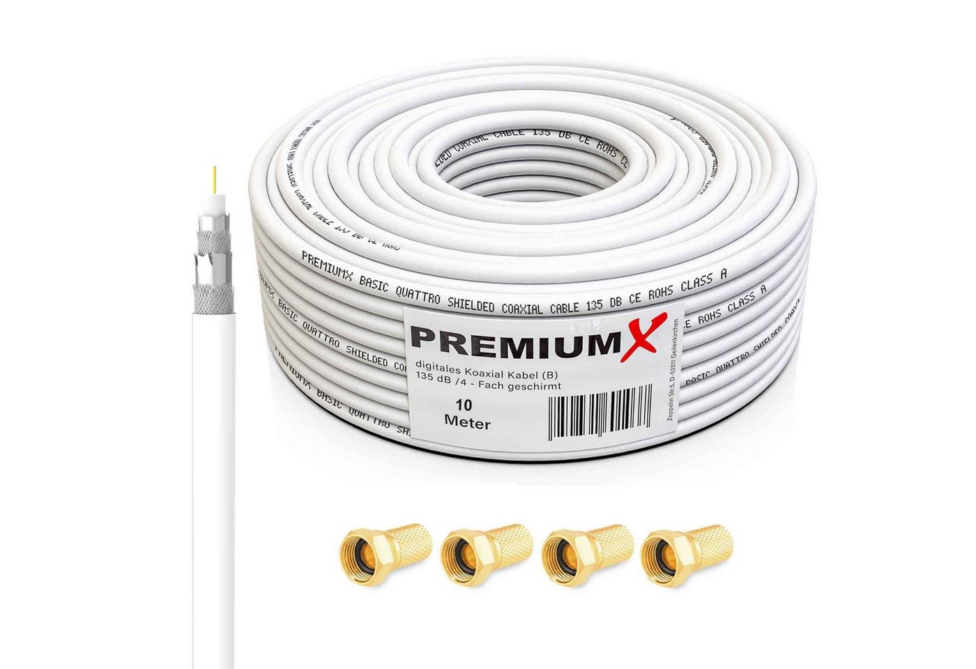 PremiumX 10m BASIC Koaxialkabel 135dB 4-fach SAT Koax Kabel 4x F-Stecker SAT-Kabel von PremiumX