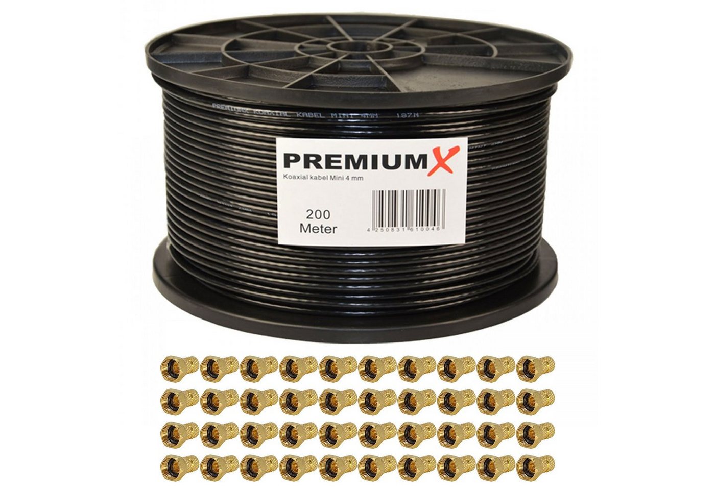 PremiumX 200m Mini Koaxial Sat Kabel 4mm Schwarz Koax 2-fach 40x F-Stecker TV-Kabel von PremiumX