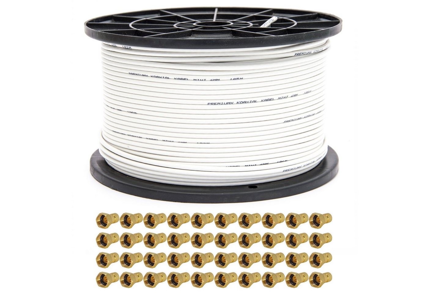 PremiumX 200m Mini Koaxial Sat Kabel 4mm Weiß Koax 2-fach 40x F-Stecker TV-Kabel PremiumX 200m Mini Koaxial Sat Kabel 4mm Weiß Koax 2-fach 40x F-Stecker TV-Kabel von PremiumX
