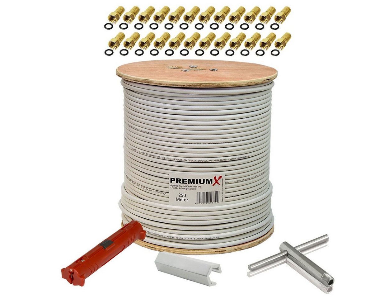 PremiumX 250m SAT PROFI Koaxialkabel 135dB 4-fach Montage-Set 24x F-Stecker SAT-Kabel PremiumX 250m SAT PROFI Koaxialkabel 135dB 4-fach Montage-Set 24x F-Stecker SAT-Kabel von PremiumX