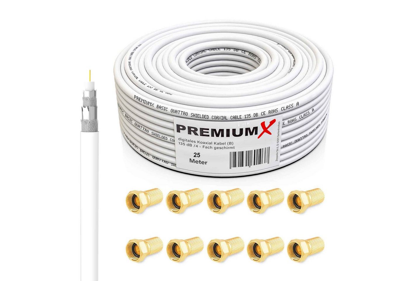 PremiumX 25m BASIC Koaxialkabel 135dB 4-fach SAT Koax Kabel 10x F-Stecker SAT-Kabel von PremiumX