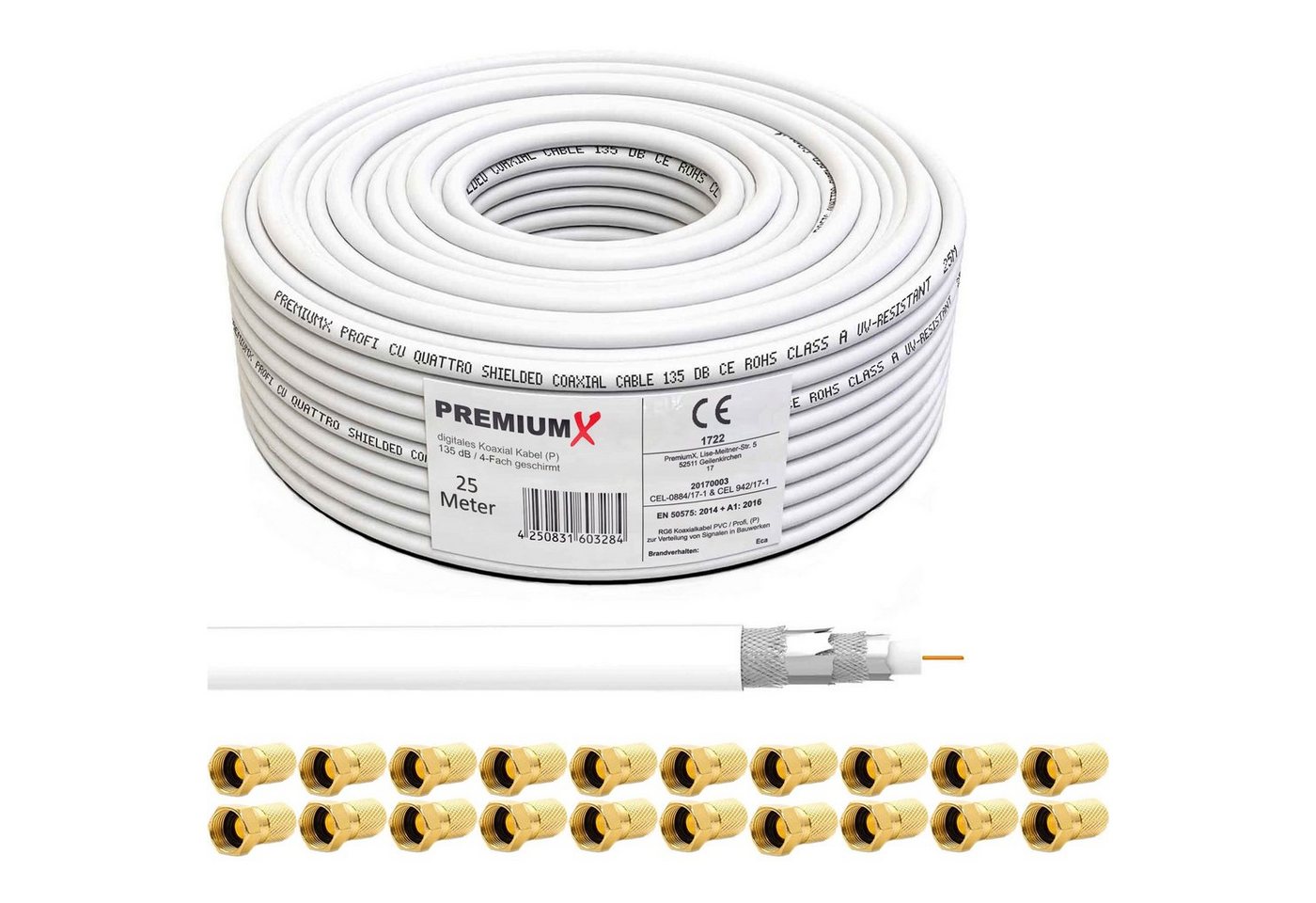 PremiumX 25m DELUXE Koaxial Kabel 135dB 4-Fach Innenleiter Kupfer SAT F-Stecker SAT-Kabel von PremiumX