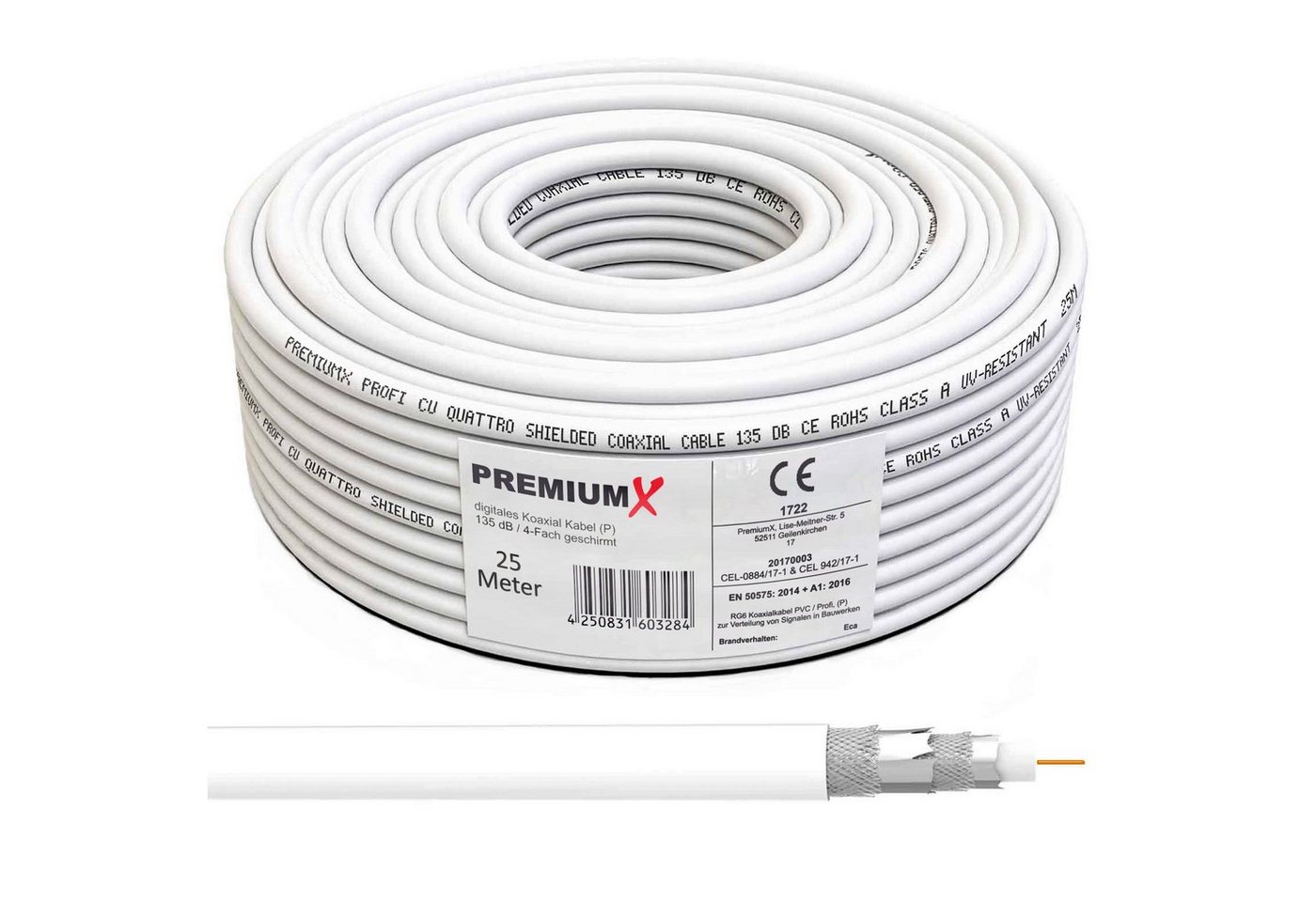 PremiumX 25m PROFI Koaxial Kabel 135 dB 4-Fach geschirmt REINES KUPFER TV-Kabel von PremiumX