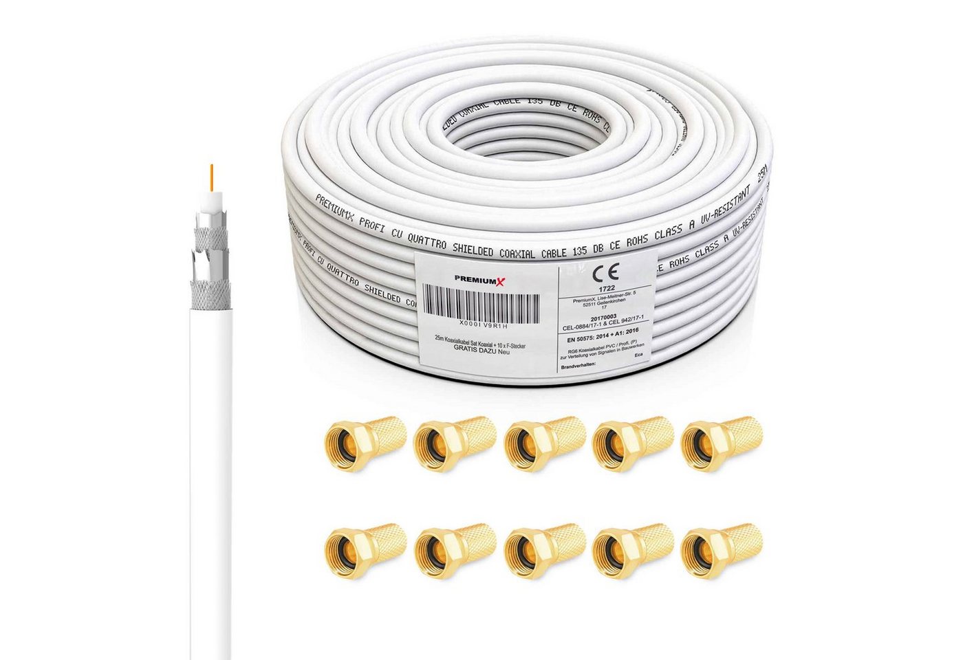 PremiumX 25m PROFI Koaxial Kabel 135dB 4-Fach Innenleiter KUPFER + F-Stecker SAT-Kabel PremiumX 25m PROFI Koaxial Kabel 135dB 4-Fach Innenleiter KUPFER + F-Stecker SAT-Kabel von PremiumX