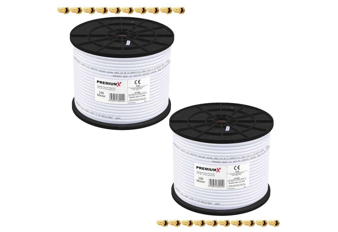 PremiumX 2x 100m BASIC Koaxialkabel 135dB 4-fach SAT Koax Kabel 20x F-Stecker SAT-Kabel PremiumX 2x 100m BASIC Koaxialkabel 135dB 4-fach SAT Koax Kabel 20x F-Stecker SAT-Kabel von PremiumX