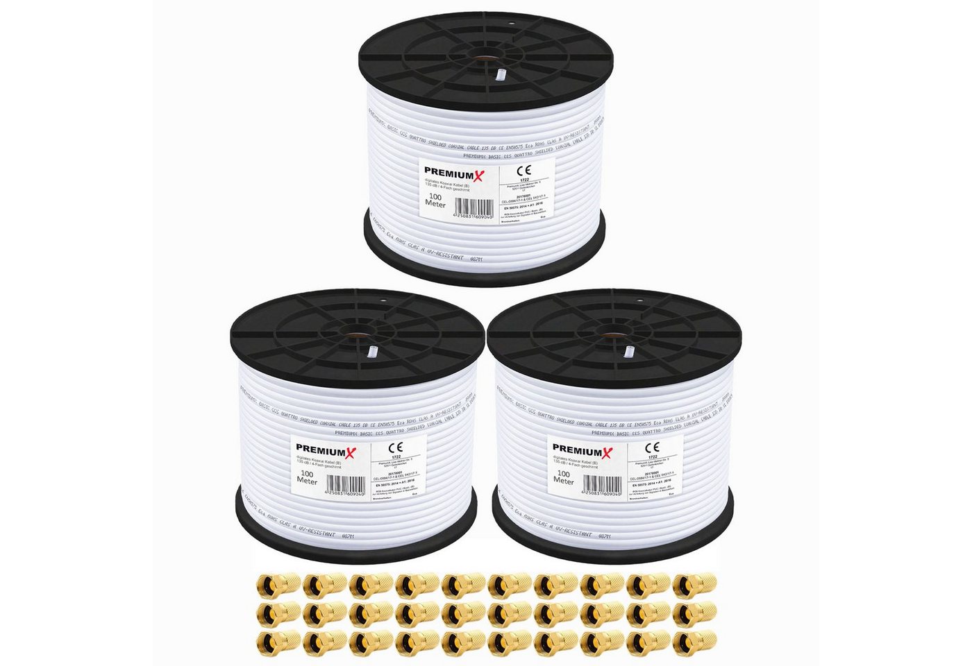 PremiumX 3x 100m BASIC Koaxialkabel 135dB 4-fach SAT Koax Kabel 30x F-Stecker SAT-Kabel von PremiumX