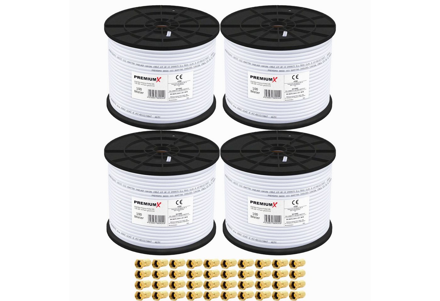 PremiumX 4x 100m BASIC Koaxialkabel 135dB 4-fach SAT Koax Kabel 40x F-Stecker SAT-Kabel PremiumX 4x 100m BASIC Koaxialkabel 135dB 4-fach SAT Koax Kabel 40x F-Stecker SAT-Kabel von PremiumX
