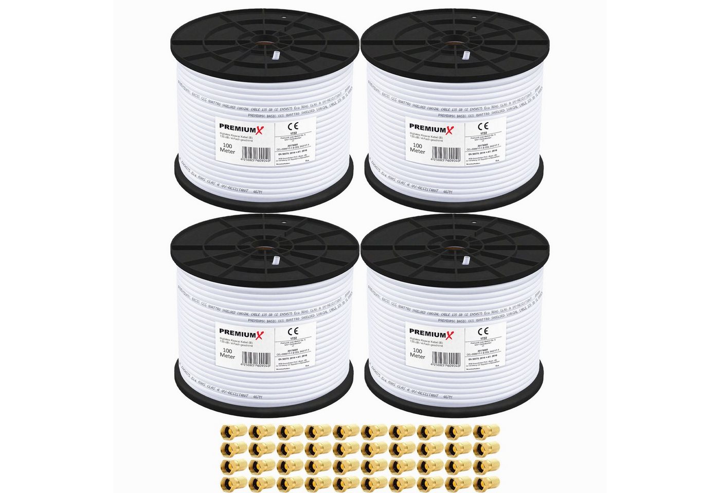 PremiumX 4x 100m BASIC Koaxialkabel 135dB 4-fach SAT Koax Kabel 40x F-Stecker SAT-Kabel von PremiumX