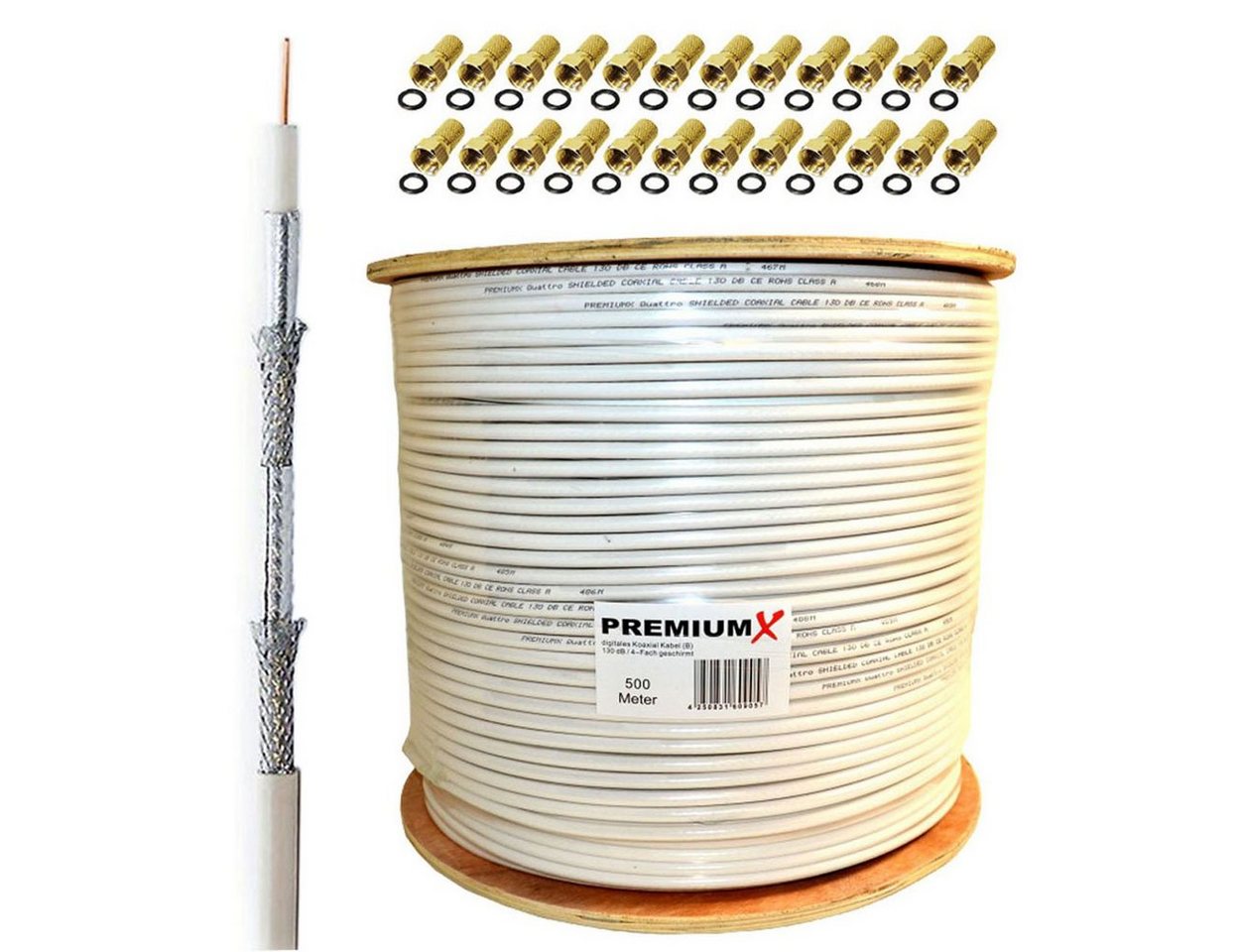 PremiumX 500m BASIC Koaxialkabel 135dB 4-fach SAT Koax Kabel 24x F-Stecker SAT-Kabel PremiumX 500m BASIC Koaxialkabel 135dB 4-fach SAT Koax Kabel 24x F-Stecker SAT-Kabel von PremiumX