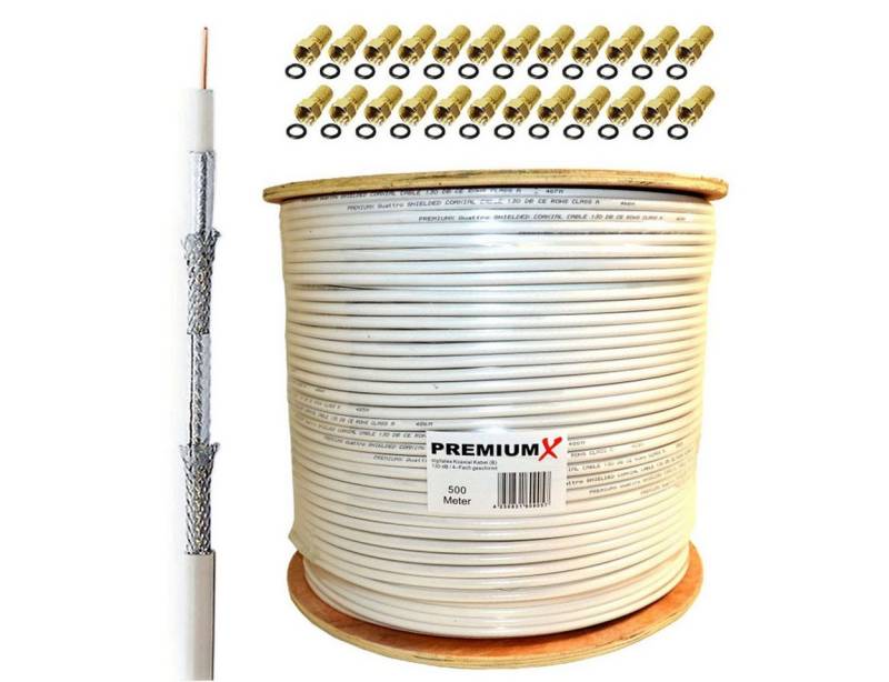 PremiumX 500m BASIC Koaxialkabel 135dB 4-fach SAT Koax Kabel 24x F-Stecker SAT-Kabel von PremiumX