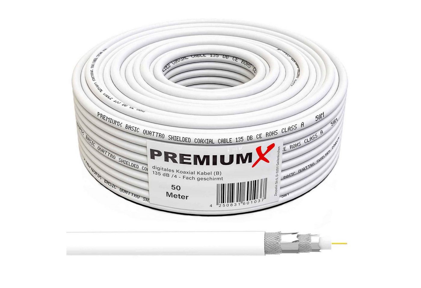 PremiumX 50m BASIC Koaxialkabel 135dB 4-fach CCS SAT Kabel Antennenkabel TV-Kabel von PremiumX