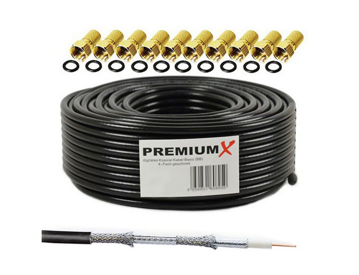 PremiumX 50m BASIC Koaxialkabel schwarz 135dB 4-fach SAT Kabel 10x F-Stecker SAT-Kabel PremiumX 50m BASIC Koaxialkabel schwarz 135dB 4-fach SAT Kabel 10x F-Stecker SAT-Kabel von PremiumX