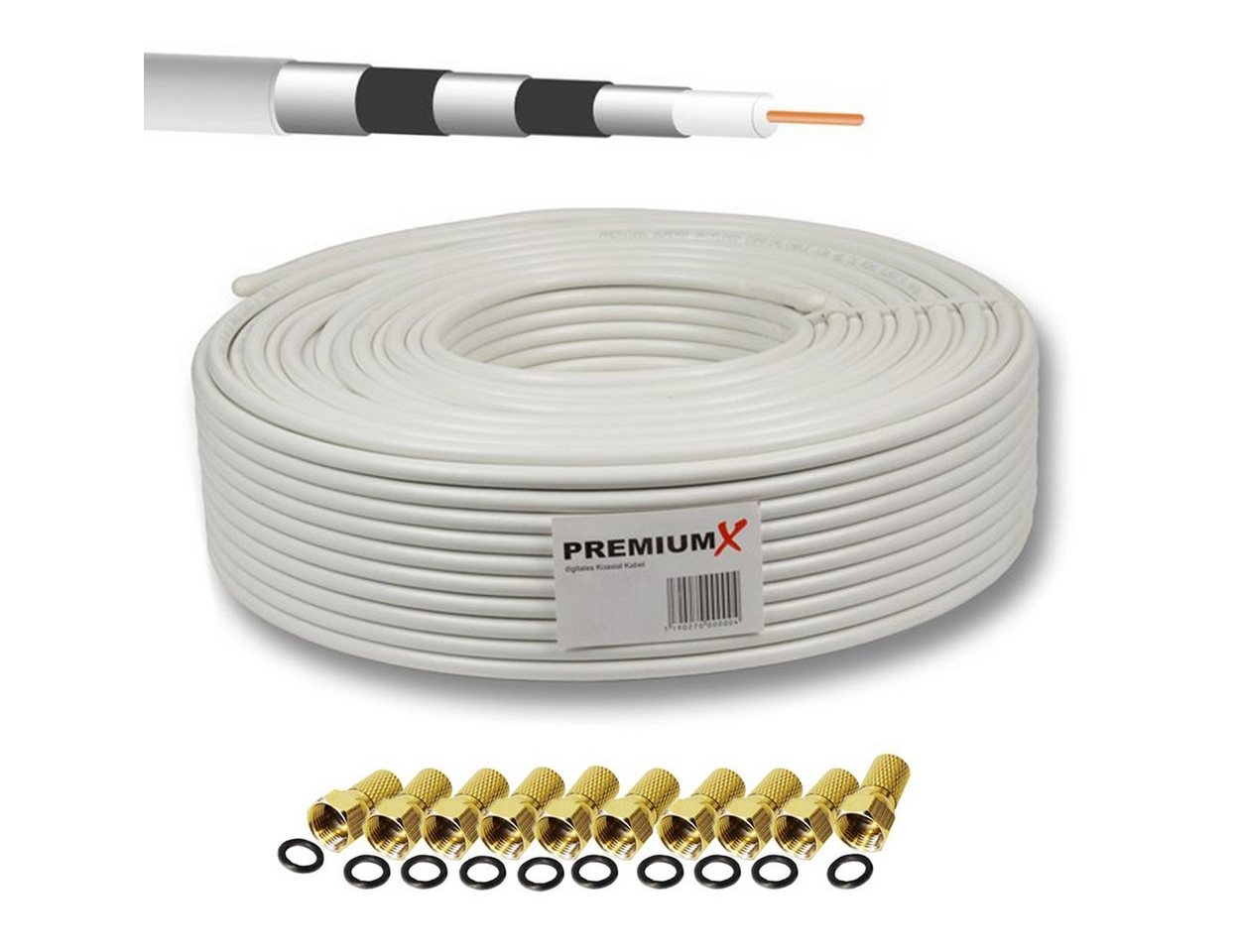 PremiumX 50m BASIC PRO Koaxialkabel 135dB 5-fach SAT Koax Kabel 10x F-Stecker SAT-Kabel PremiumX 50m BASIC PRO Koaxialkabel 135dB 5-fach SAT Koax Kabel 10x F-Stecker SAT-Kabel von PremiumX
