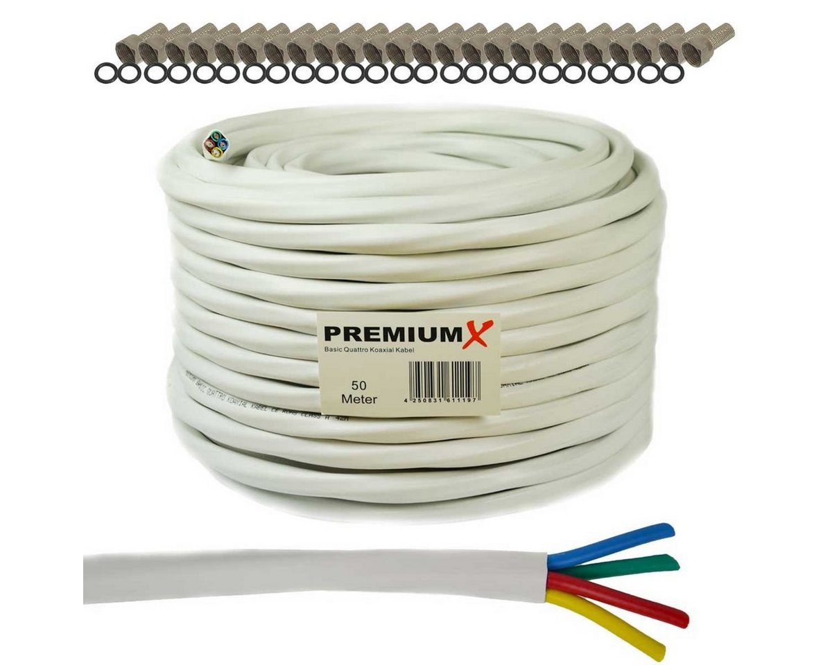 PremiumX 50m Basic Quattro Quad Koaxial SAT Kabel 90dB Weiß 24x F-Stecker SAT-Kabel PremiumX 50m Basic Quattro Quad Koaxial SAT Kabel 90dB Weiß 24x F-Stecker SAT-Kabel von PremiumX