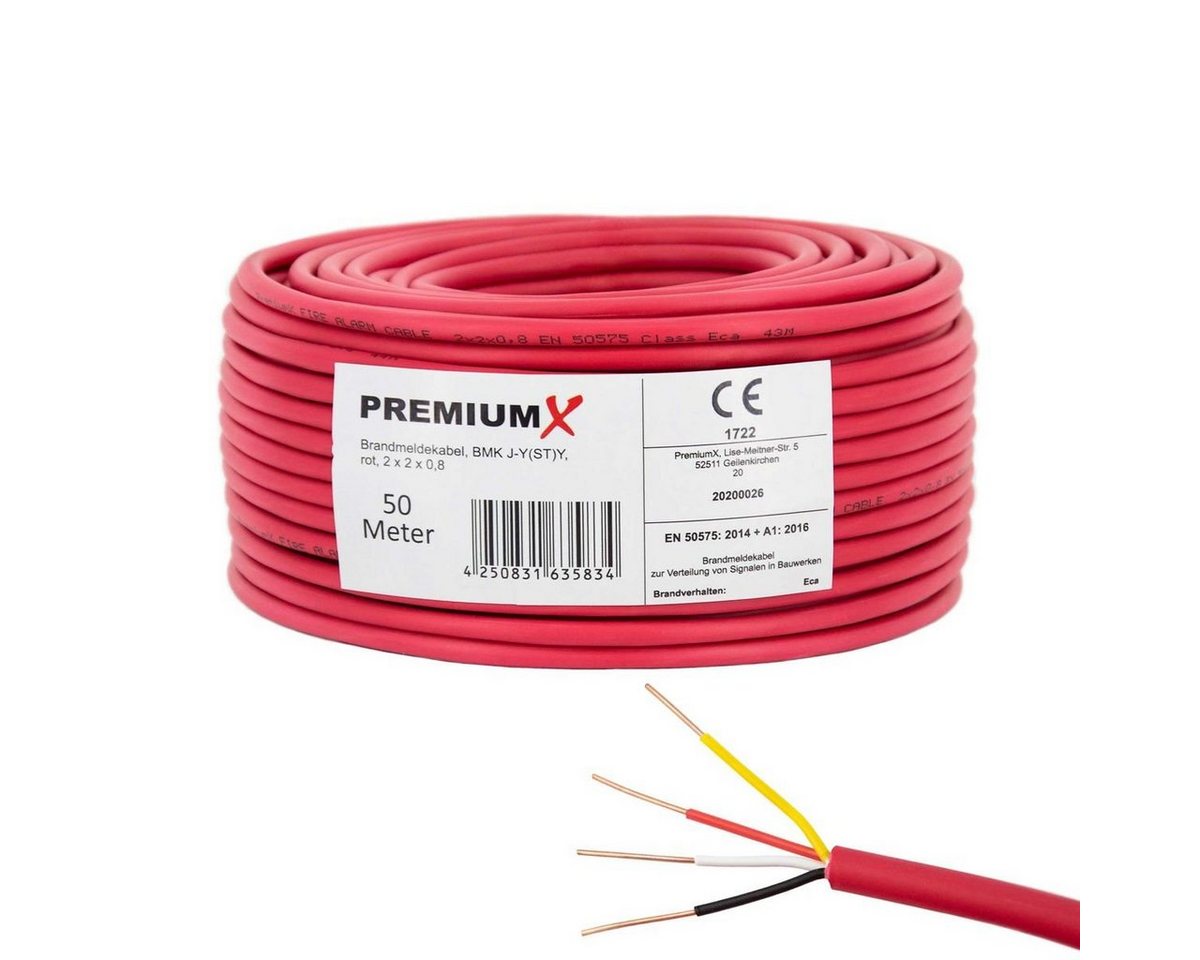 PremiumX 50m Brandmeldekabel BMK J-Y(ST)Y 2x2x0,8 Eca Fernmeldekabel rot Netzwerkkabel von PremiumX