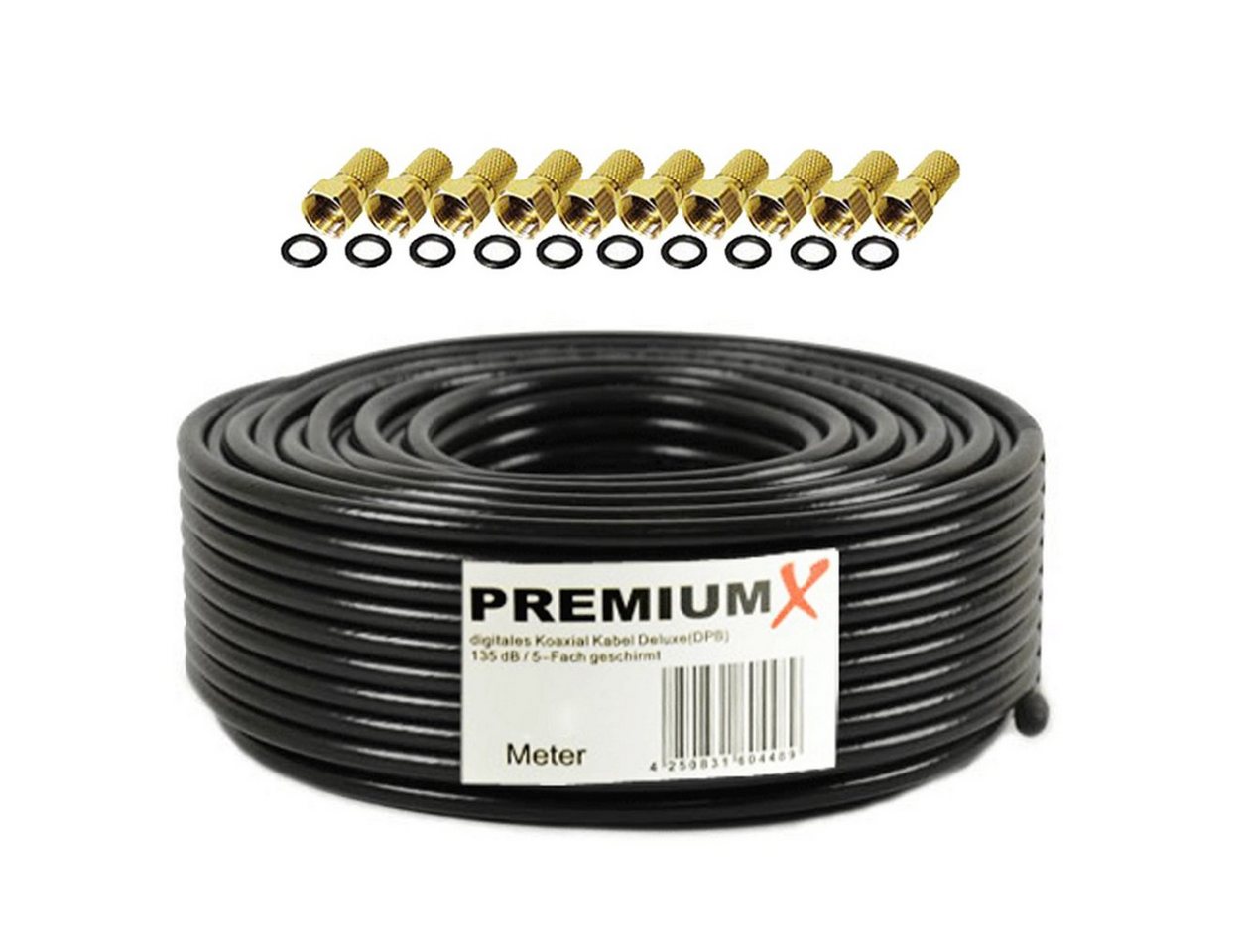 PremiumX 50m DELUXE PRO Koaxial Kabel SCHWARZ 135dB 5-Fach Kupfer 10x F-Stecker SAT-Kabel von PremiumX