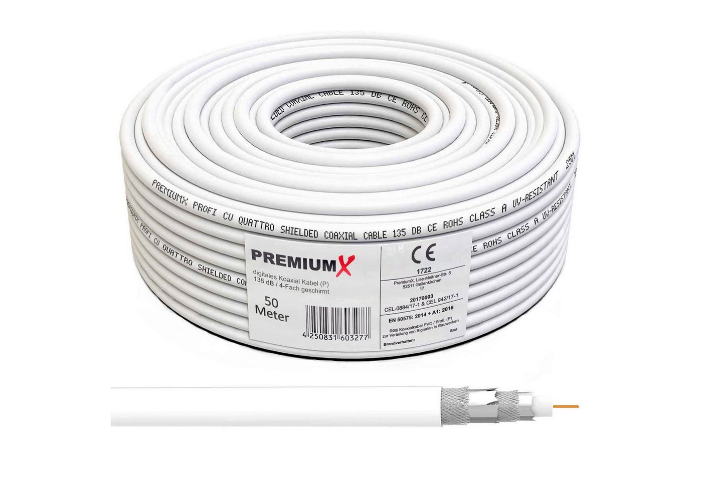 PremiumX 50m PROFI Koaxial Kabel 135 dB 4-Fach geschirmt, REINES KUPFER TV-Kabel von PremiumX