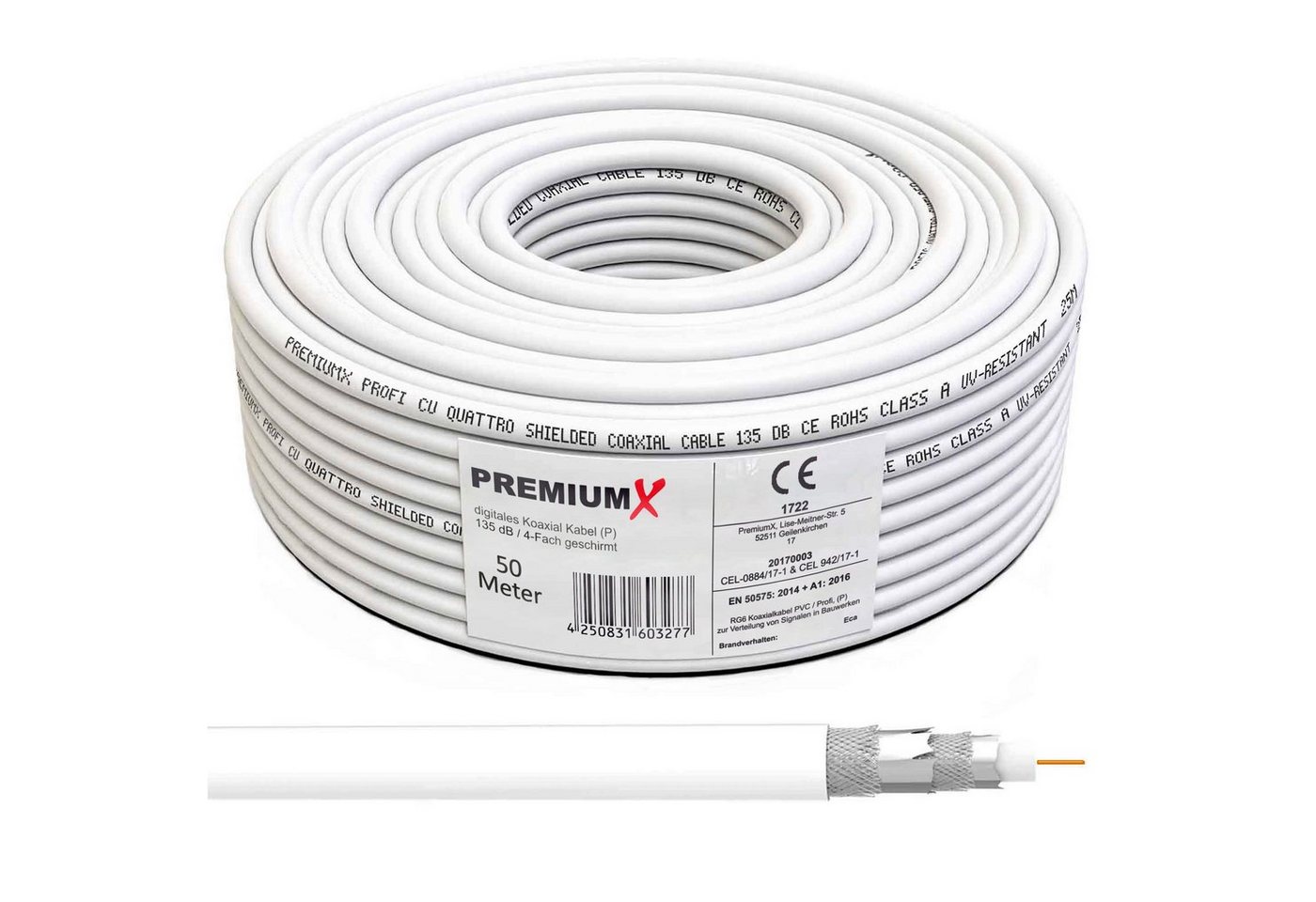 PremiumX 50m PROFI Koaxial Kabel 135 dB 4-Fach geschirmt, REINES KUPFER TV-Kabel PremiumX 50m PROFI Koaxial Kabel 135 dB 4-Fach geschirmt, REINES KUPFER TV-Kabel von PremiumX