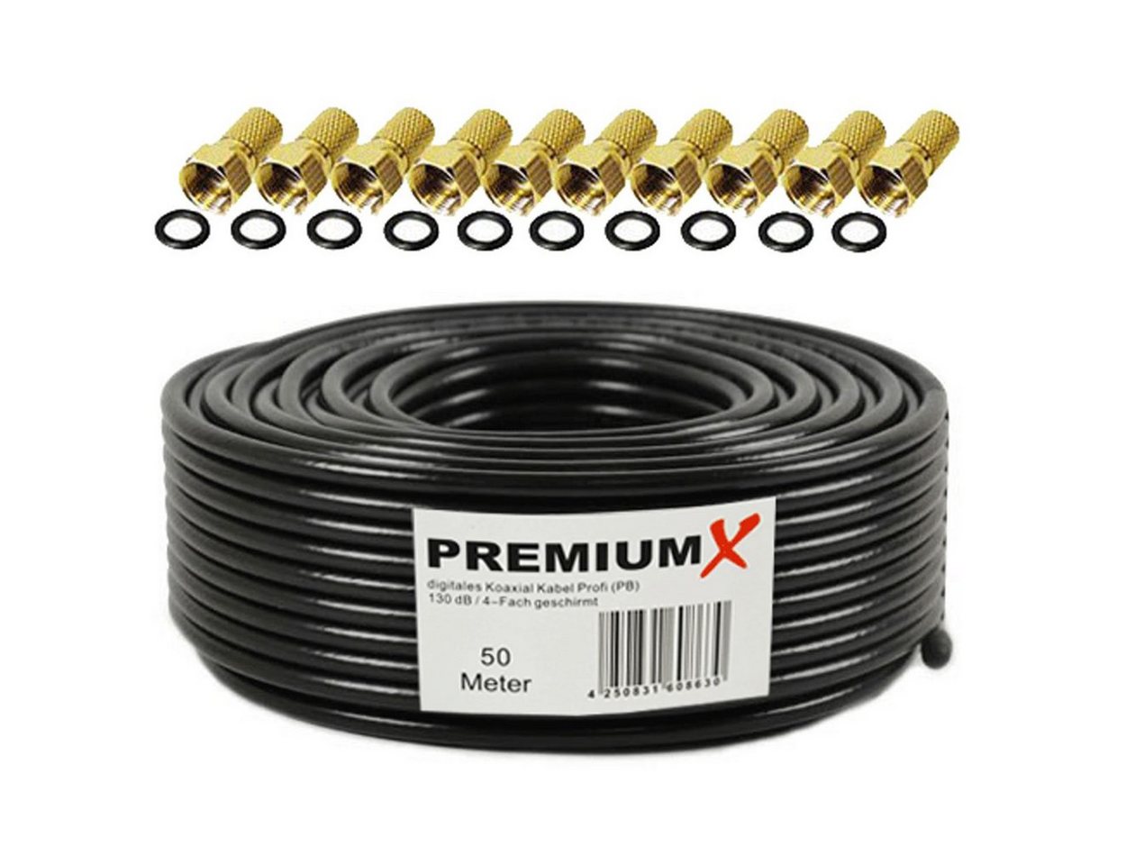 PremiumX 50m PROFI Koaxialkabel Schwarz 130dB 4-fach KUPFER 10x F-Stecker SAT-Kabel PremiumX 50m PROFI Koaxialkabel Schwarz 130dB 4-fach KUPFER 10x F-Stecker SAT-Kabel von PremiumX