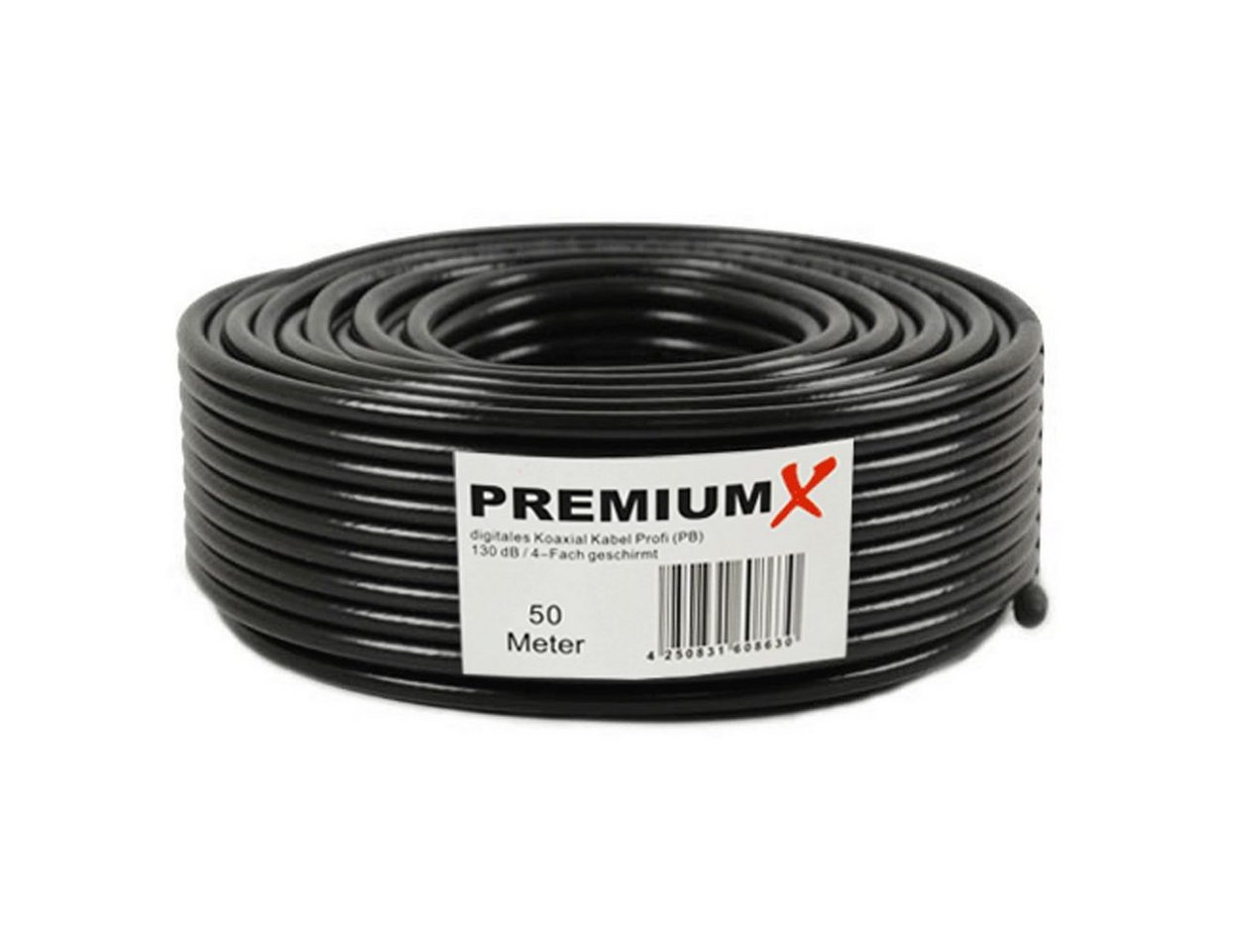 PremiumX 50m PROFI Koaxialkabel Schwarz 130dB 4-fach geschirmt REINES KUPFER TV-Kabel von PremiumX