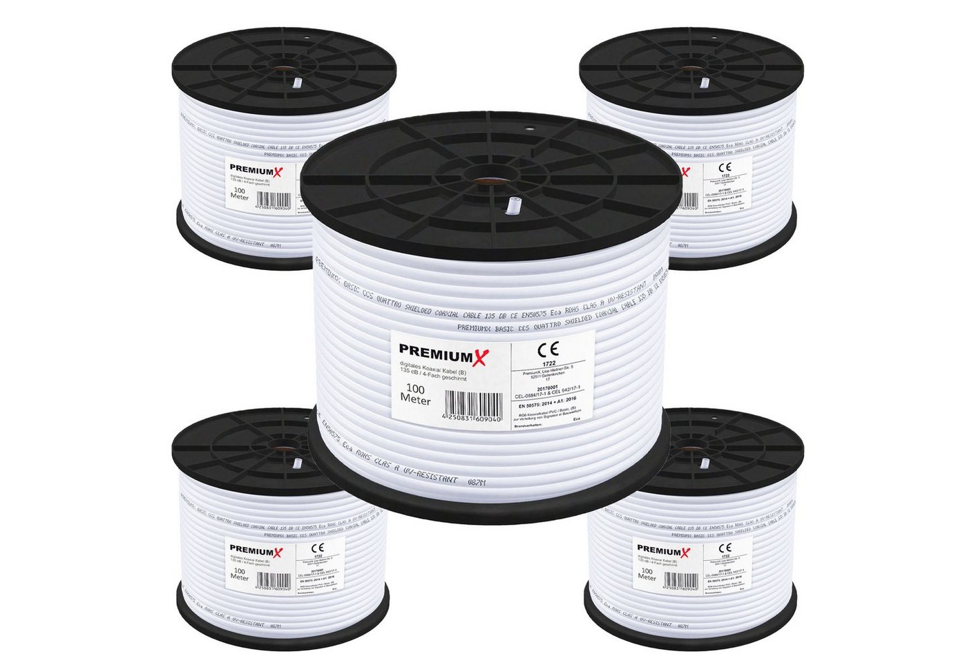 PremiumX 5x 100m Koaxialkabel 135dB 4-fach Antennenkabel RG6 Class A Digital SAT-Kabel PremiumX 5x 100m Koaxialkabel 135dB 4-fach Antennenkabel RG6 Class A Digital SAT-Kabel von PremiumX