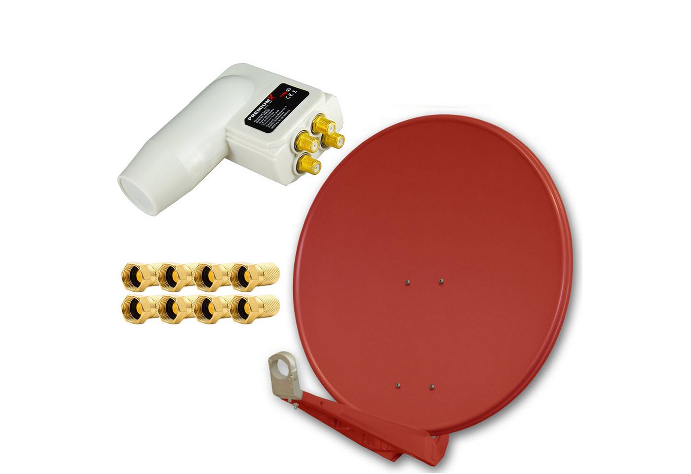 PremiumX DELUXE85 Alu Ziegelrot 85cm Antenne + LNB Quad + 8x F-Stecker SAT-Antenne von PremiumX