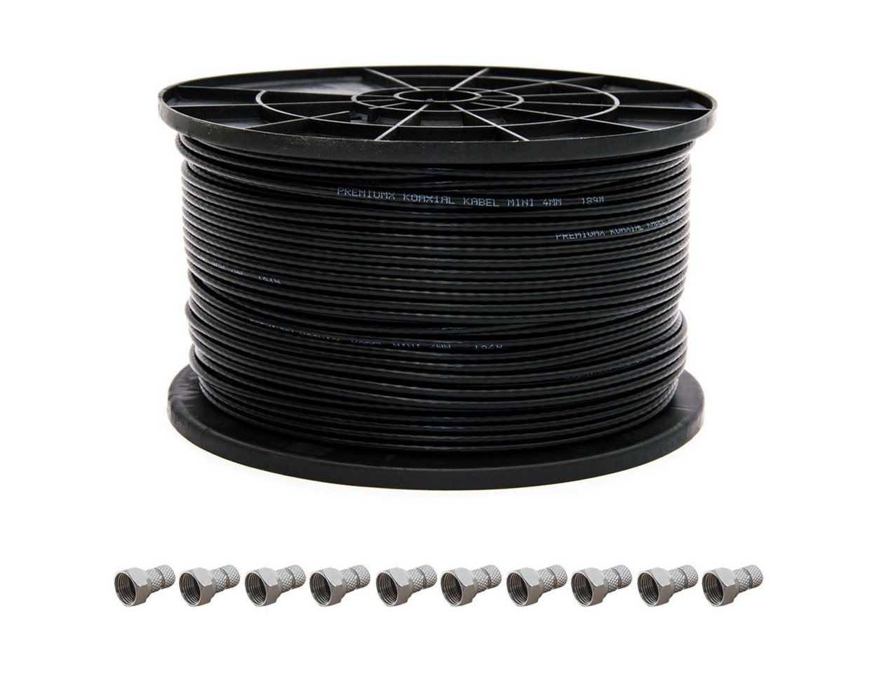 PremiumX Installationsset 50m mini Koax Kabel in Schwarz mit F-Aufdrehstecker SAT-Kabel von PremiumX