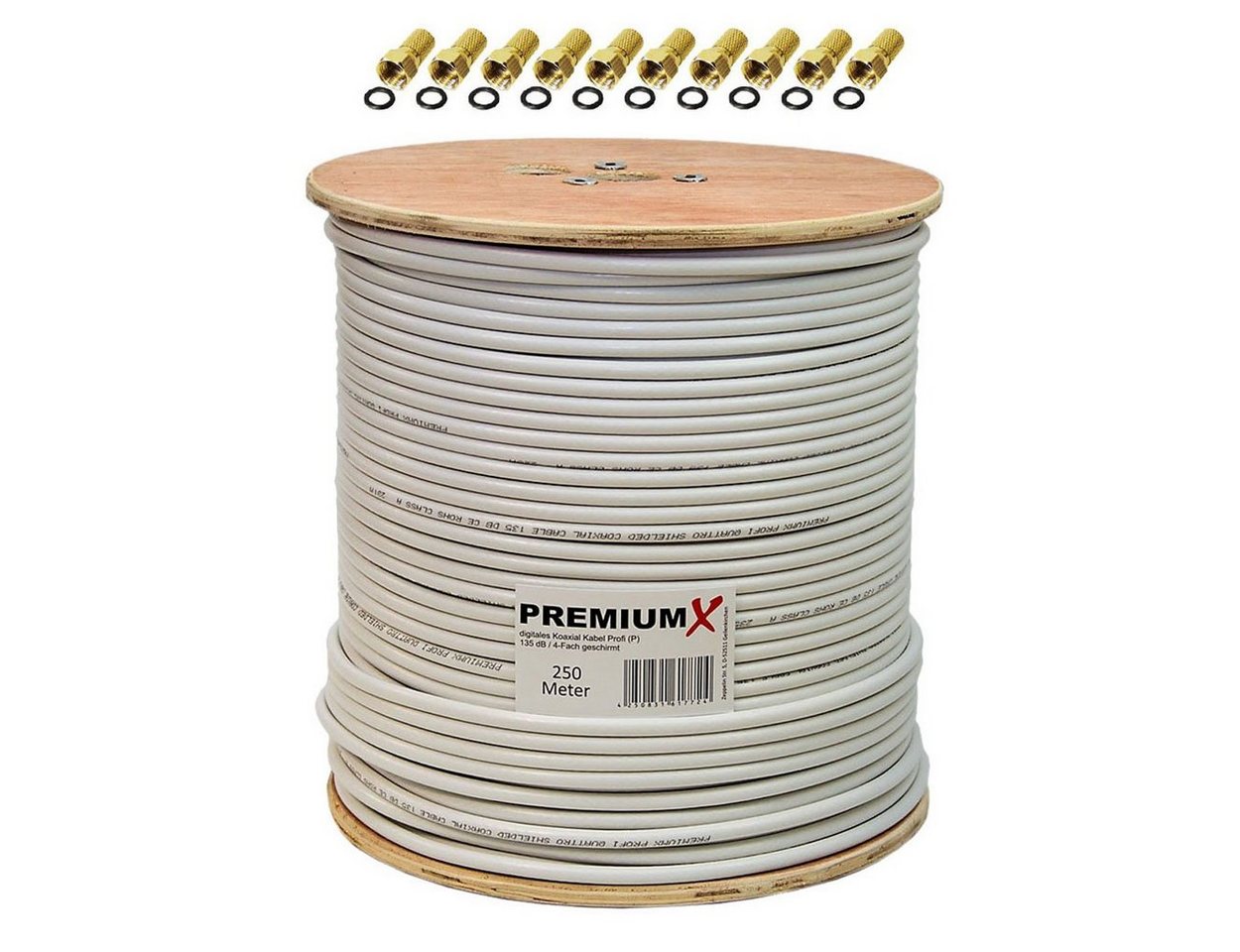 PremiumX PROFI 250 m Koaxialkabel 135 dB 4-Fach CU reines Kupfer 10x F-Stecker SAT-Kabel PremiumX PROFI 250 m Koaxialkabel 135 dB 4-Fach CU reines Kupfer 10x F-Stecker SAT-Kabel von PremiumX