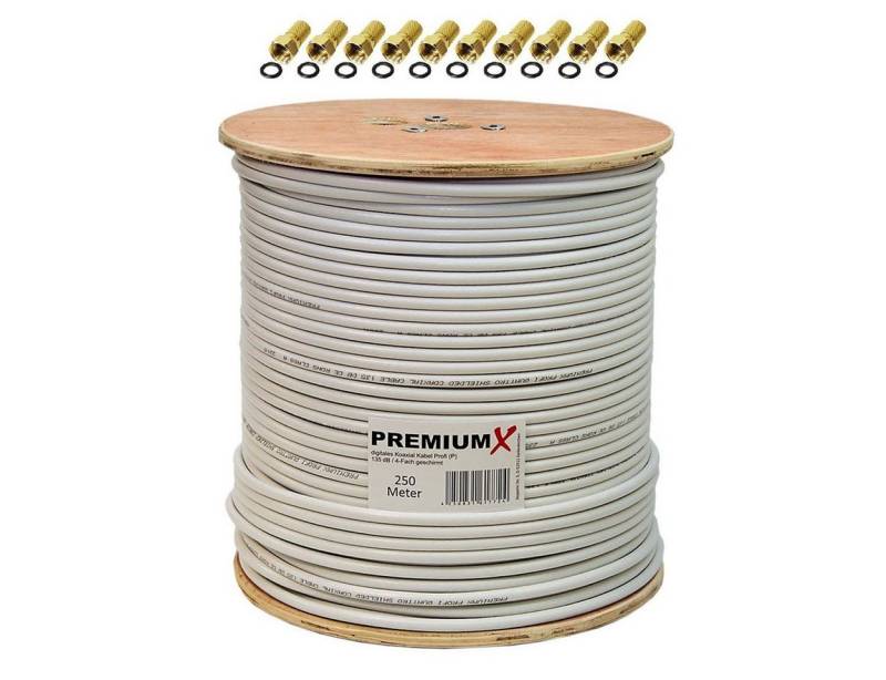 PremiumX PROFI 250 m Koaxialkabel 135 dB 4-Fach CU reines Kupfer 10x F-Stecker SAT-Kabel von PremiumX