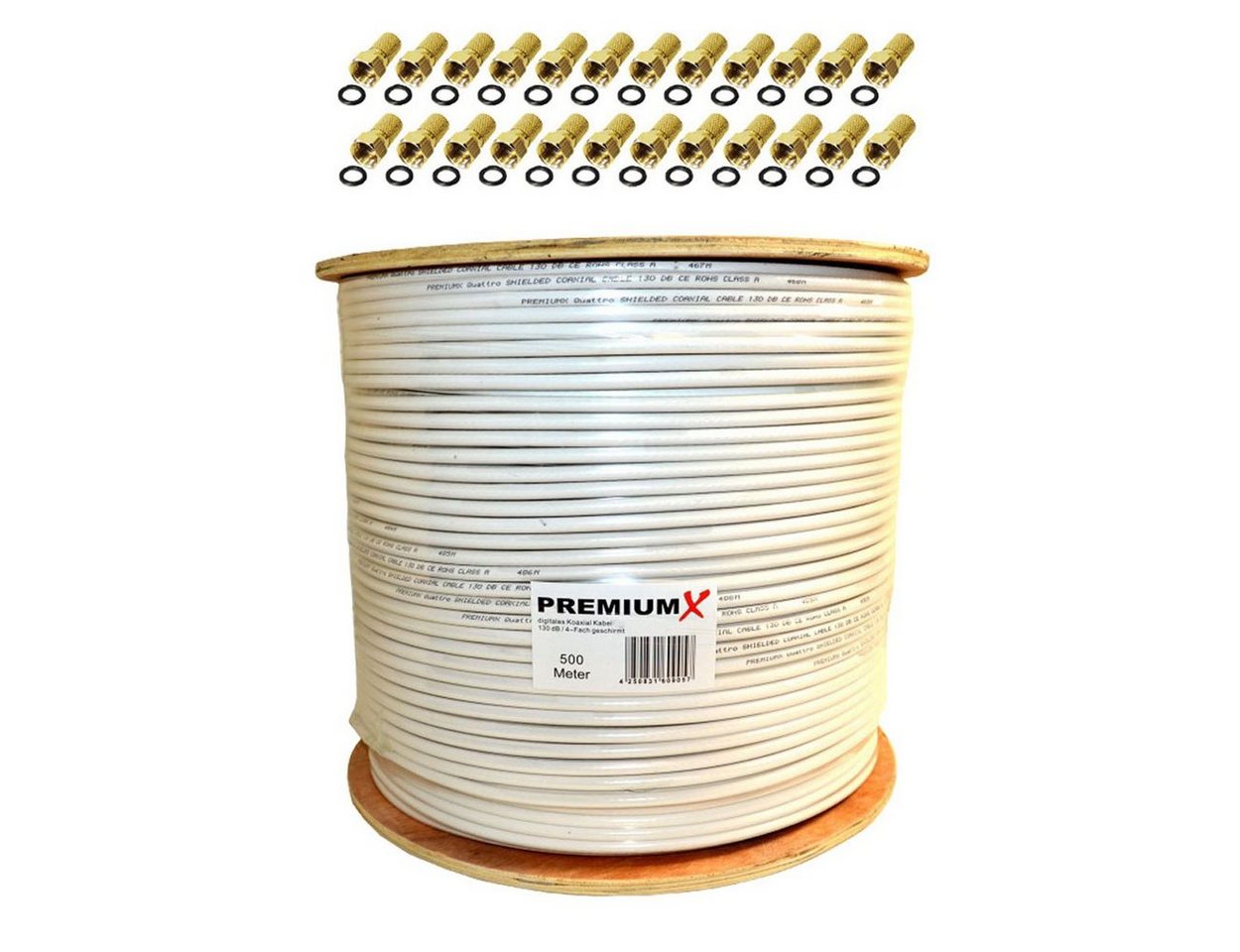 PremiumX PROFI 500 m Koaxial Kabel 135 dB 4-Fach KUPFER SAT 24x F-Stecker SAT-Kabel von PremiumX