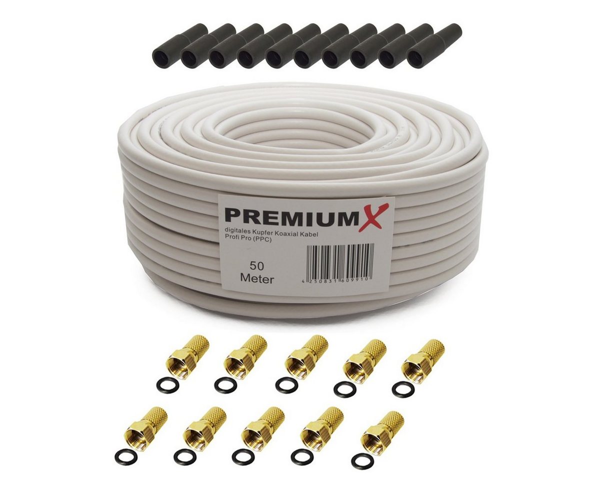 PremiumX PROFI PRO Kupfer Koaxial Kabel 50m Antennenkabel + 10x F-stecker 8 mm SAT-Kabel PremiumX PROFI PRO Kupfer Koaxial Kabel 50m Antennenkabel + 10x F-stecker 8 mm SAT-Kabel von PremiumX