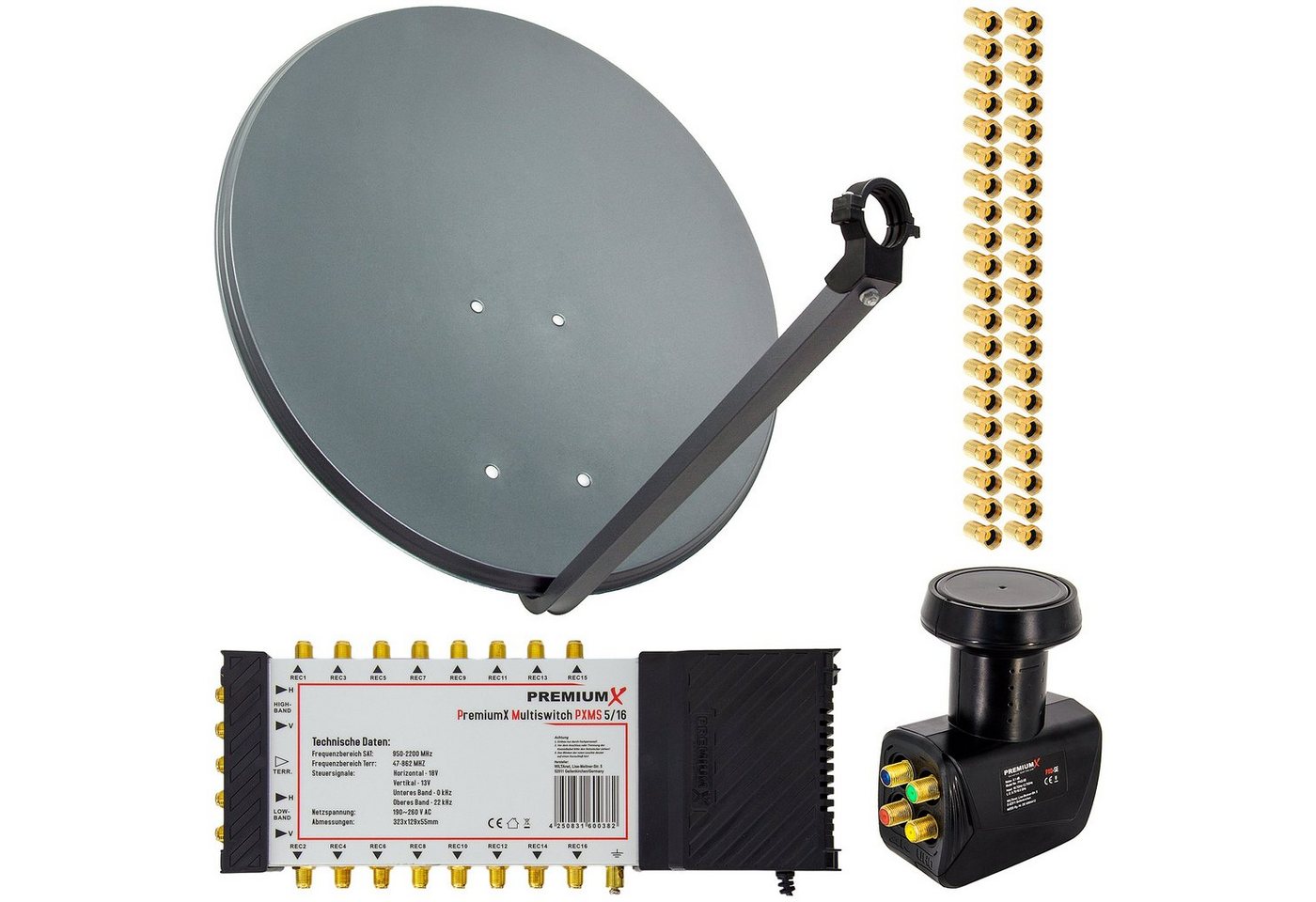 PremiumX SAT Anlage 80cm Antenne Multischalter 5/16 LNB 40x F-Stecker SAT-Antenne PremiumX SAT Anlage 80cm Antenne Multischalter 5/16 LNB 40x F-Stecker SAT-Antenne von PremiumX