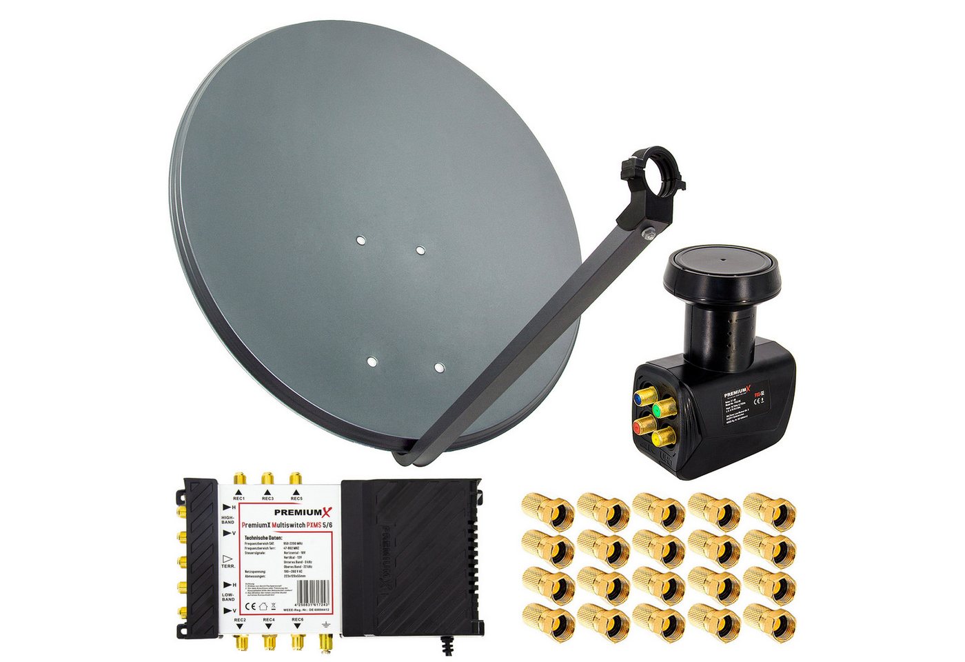 PremiumX SAT-Anlage 80cm Schüssel Multischalter 5/6 Quattro LNB 20x F-Stecker SAT-Antenne PremiumX SAT-Anlage 80cm Schüssel Multischalter 5/6 Quattro LNB 20x F-Stecker SAT-Antenne von PremiumX