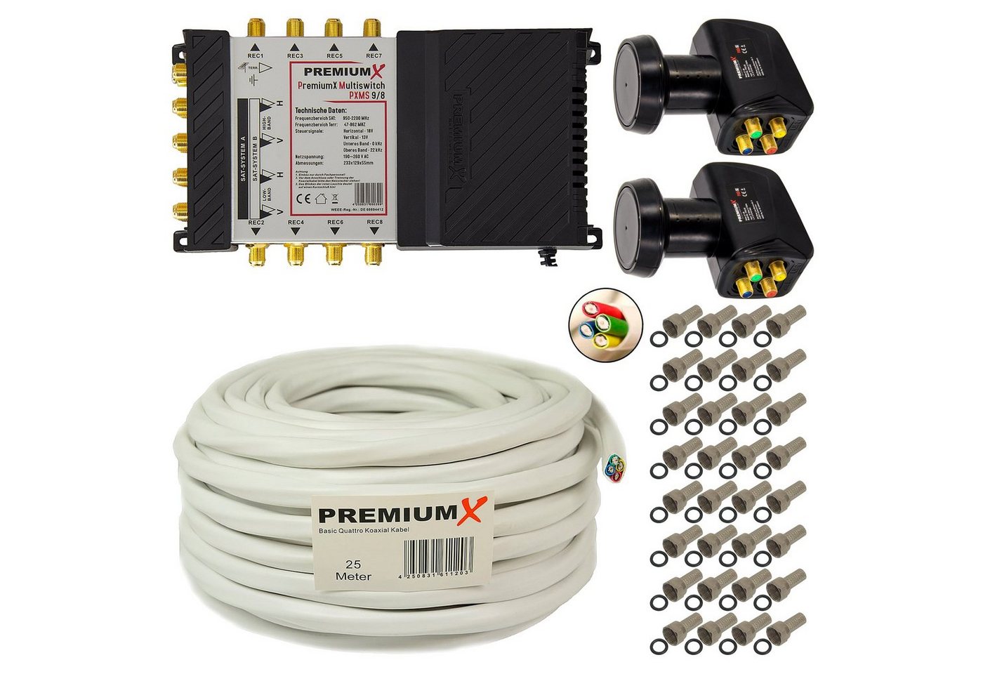 PremiumX SAT-Multischalter Multischalter SAT 9/8 2x Quattro LNB 25m Quattrokabel 32x F-Stecker von PremiumX