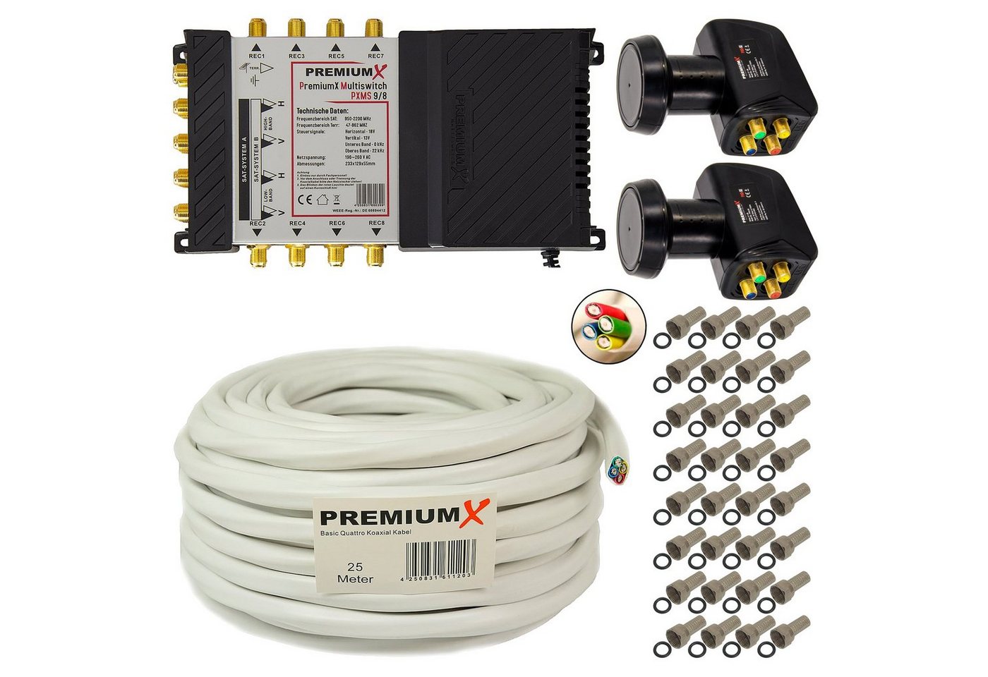 PremiumX SAT-Multischalter Multischalter SAT 9/8 2x Quattro LNB 25m Quattrokabel 32x F-Stecker PremiumX SAT-Multischalter Multischalter SAT 9/8 2x Quattro LNB 25m Quattrokabel 32x F-Stecker von PremiumX