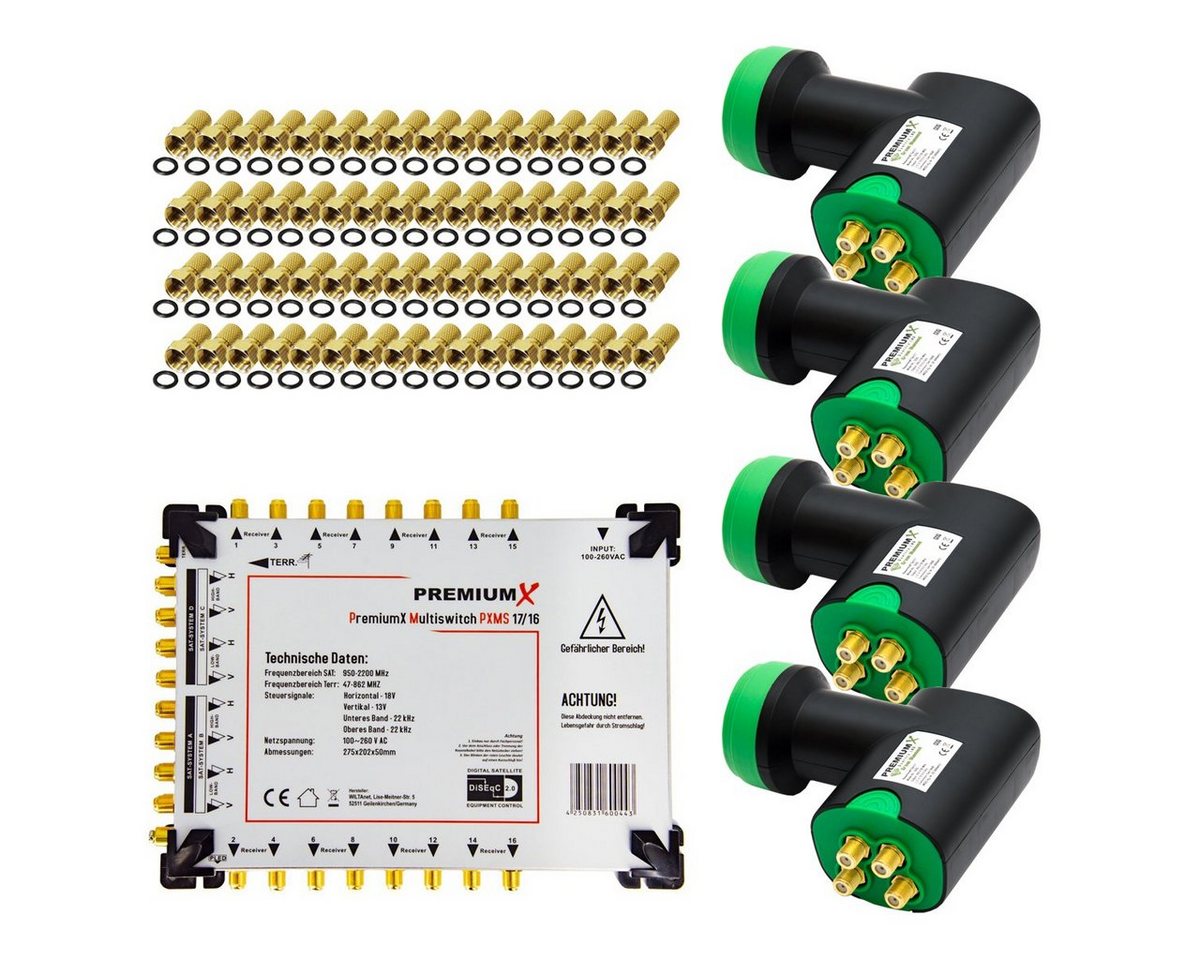 PremiumX SAT-Multischalter Multischalter Set 17/16 Multischalter SAT 4x Quattro LNB 64x F-Stecker von PremiumX