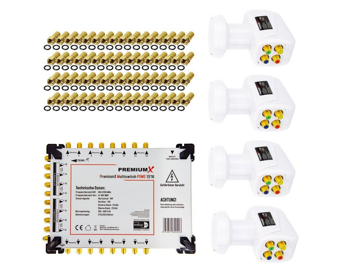 PremiumX SAT-Multischalter Multischalter Set 17/16 Multiswitch SAT 4x Quattro LNB 64x F-Stecker von PremiumX