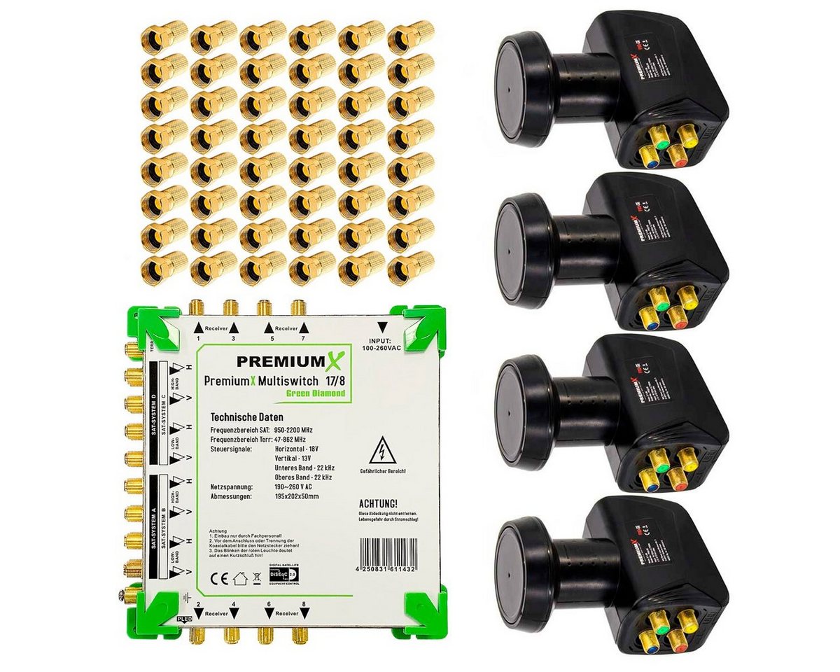 PremiumX SAT-Multischalter Multischalter Set 17/8 Multiswitch 4x Quattro LNB 48x F-Stecker von PremiumX