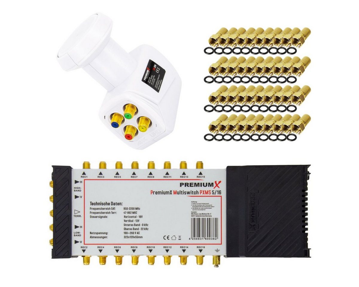 PremiumX SAT-Multischalter Multischalter Set 5/16 Multiswitch SAT Quattro LNB weiß 40x F-Stecker von PremiumX