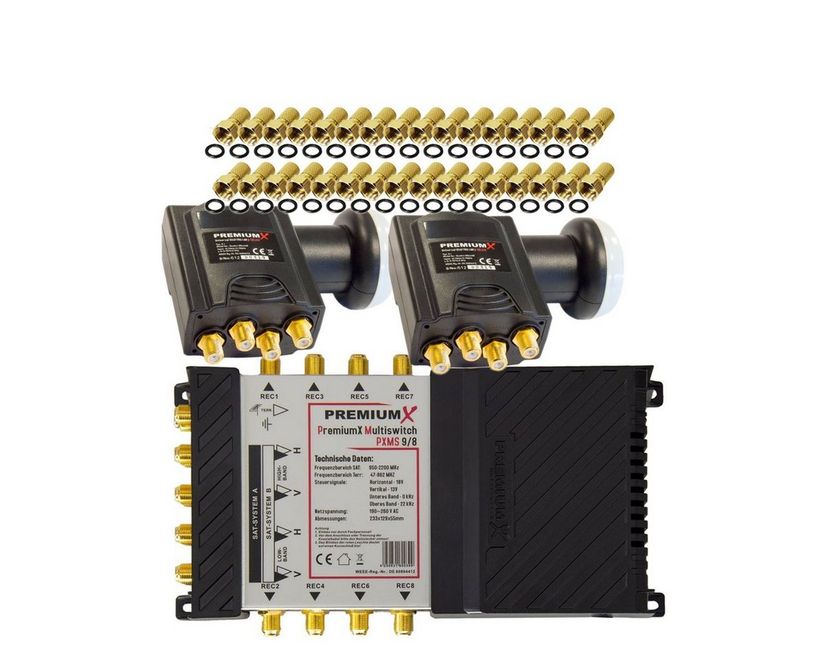 PremiumX SAT-Multischalter Multischalter Set 9/8 SAT 2x Deluxe Quattro LNB 32x F-Stecker von PremiumX