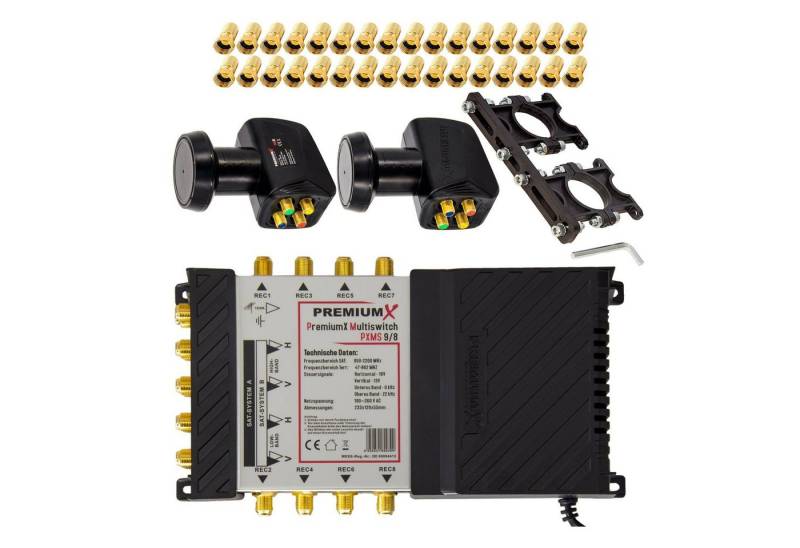 PremiumX SAT-Multischalter Multischalter Set 9/8 SAT 2x Quattro LNB Multifeed 32x F-Stecker von PremiumX