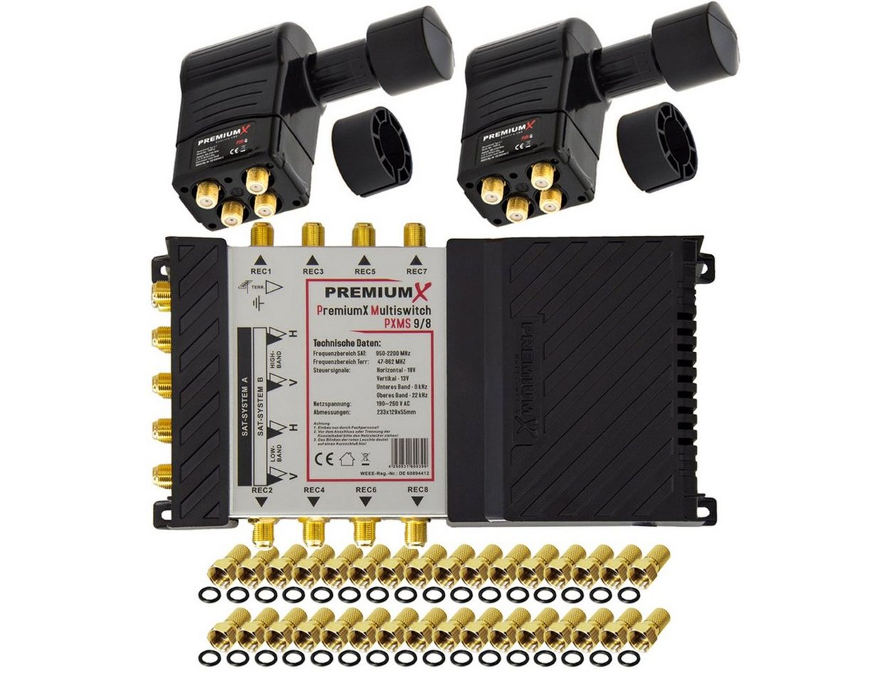 PremiumX SAT-Multischalter Multischalter Set 9/8 SAT 2x Rocket Quattro LNB 32x F-Stecker von PremiumX