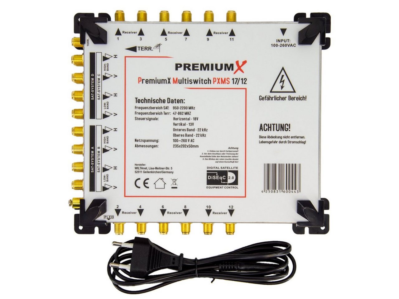 PremiumX SAT-Multischalter PXMS 17/12 Multischalter mit Netzteil Multiswitch 4 SAT 12 Teilnehmer von PremiumX