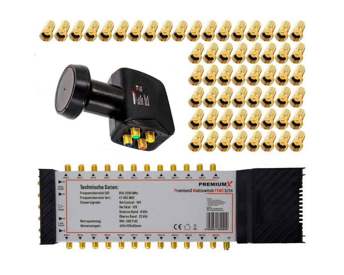 PremiumX SAT-Multischalter Set 5/24 Multiswitch + Quattro LNB + 56x F-Stecke für 24 Teilnehmer PremiumX SAT-Multischalter Set 5/24 Multiswitch + Quattro LNB + 56x F-Stecke für 24 Teilnehmer von PremiumX