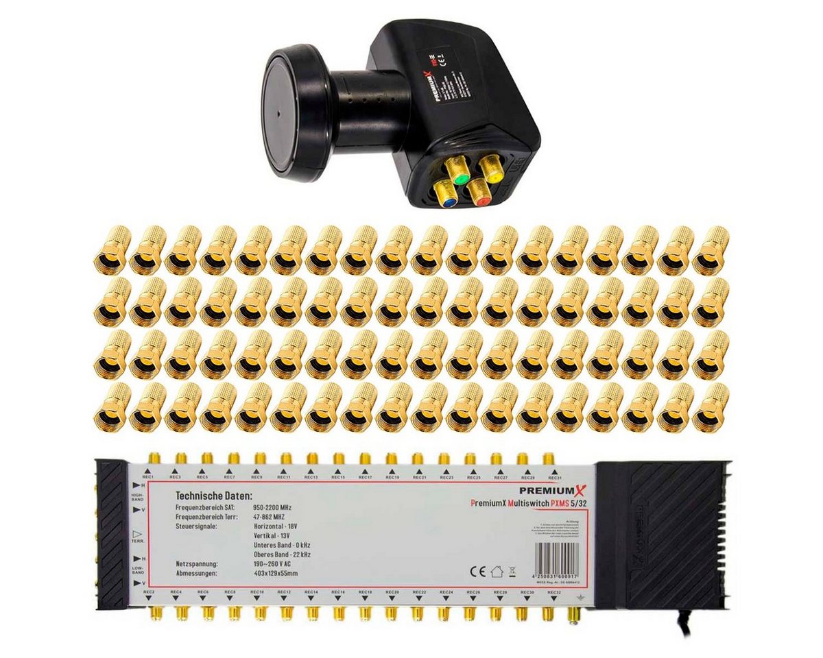 PremiumX SAT-Multischalter Set 5/32 Multiswitch + Quattro LNB + 72x F-Stecker für 32 Teilnehmer PremiumX SAT-Multischalter Set 5/32 Multiswitch + Quattro LNB + 72x F-Stecker für 32 Teilnehmer von PremiumX
